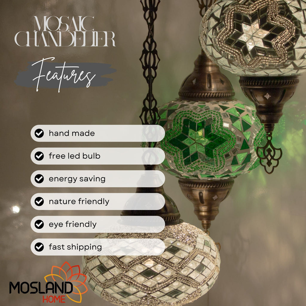 MoslandHome Handmade Turkish Mosaic Chandelier 3 Globe Hanging Lamp