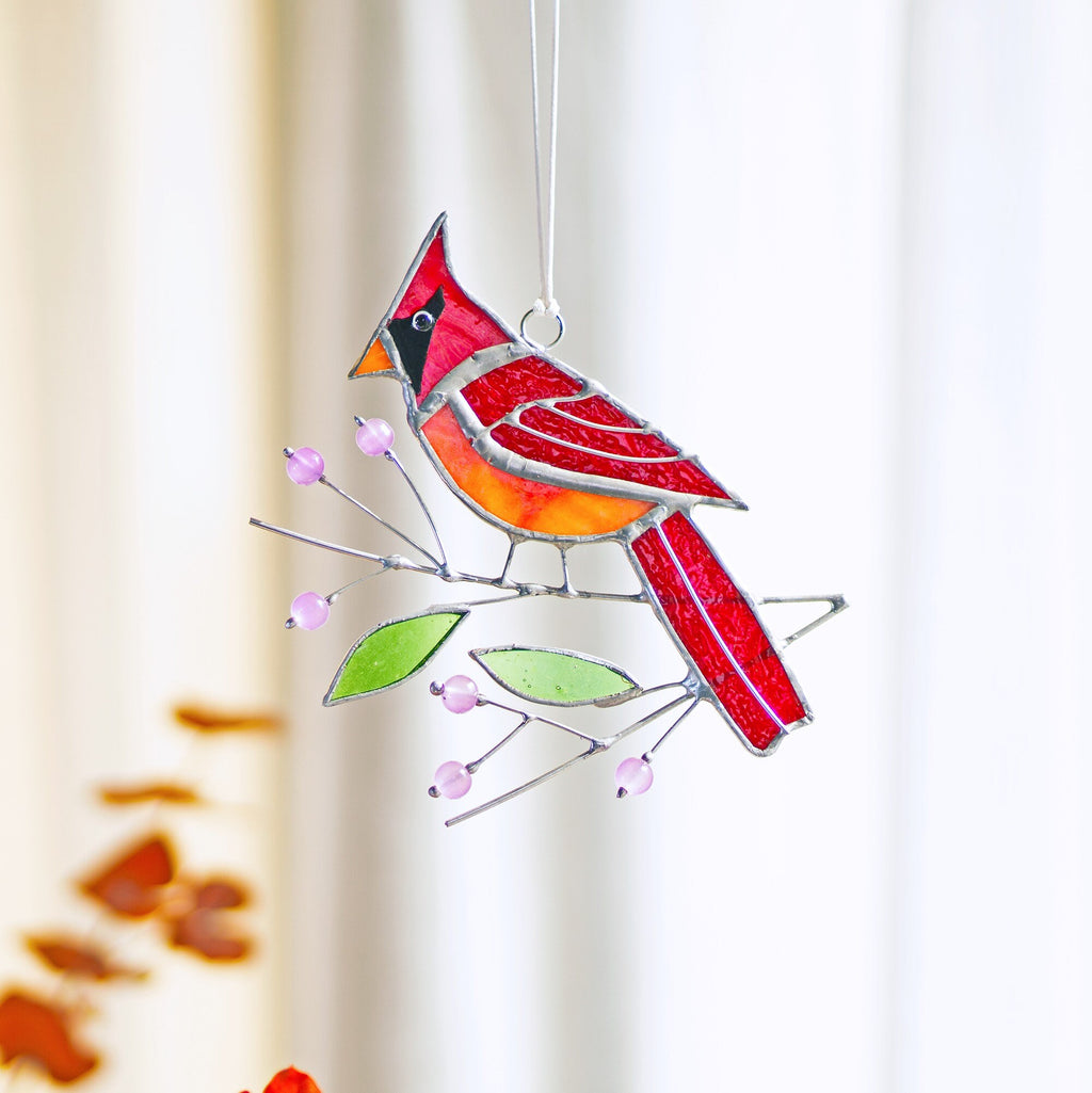RainLine Cardinal Bird Stained Glass Window Hanging Suncatcher 4.3in