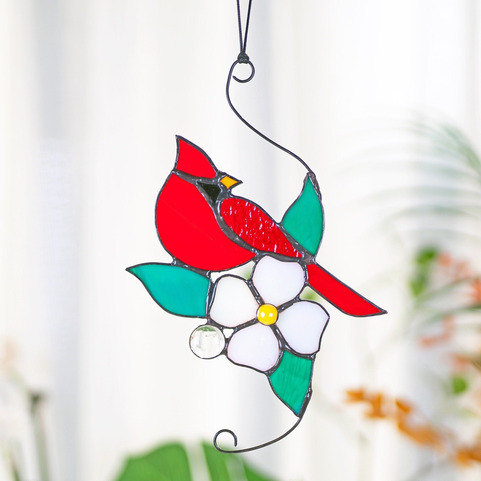 RainLine Cardinal Stained Glass Window Hanging Suncatcher 7in