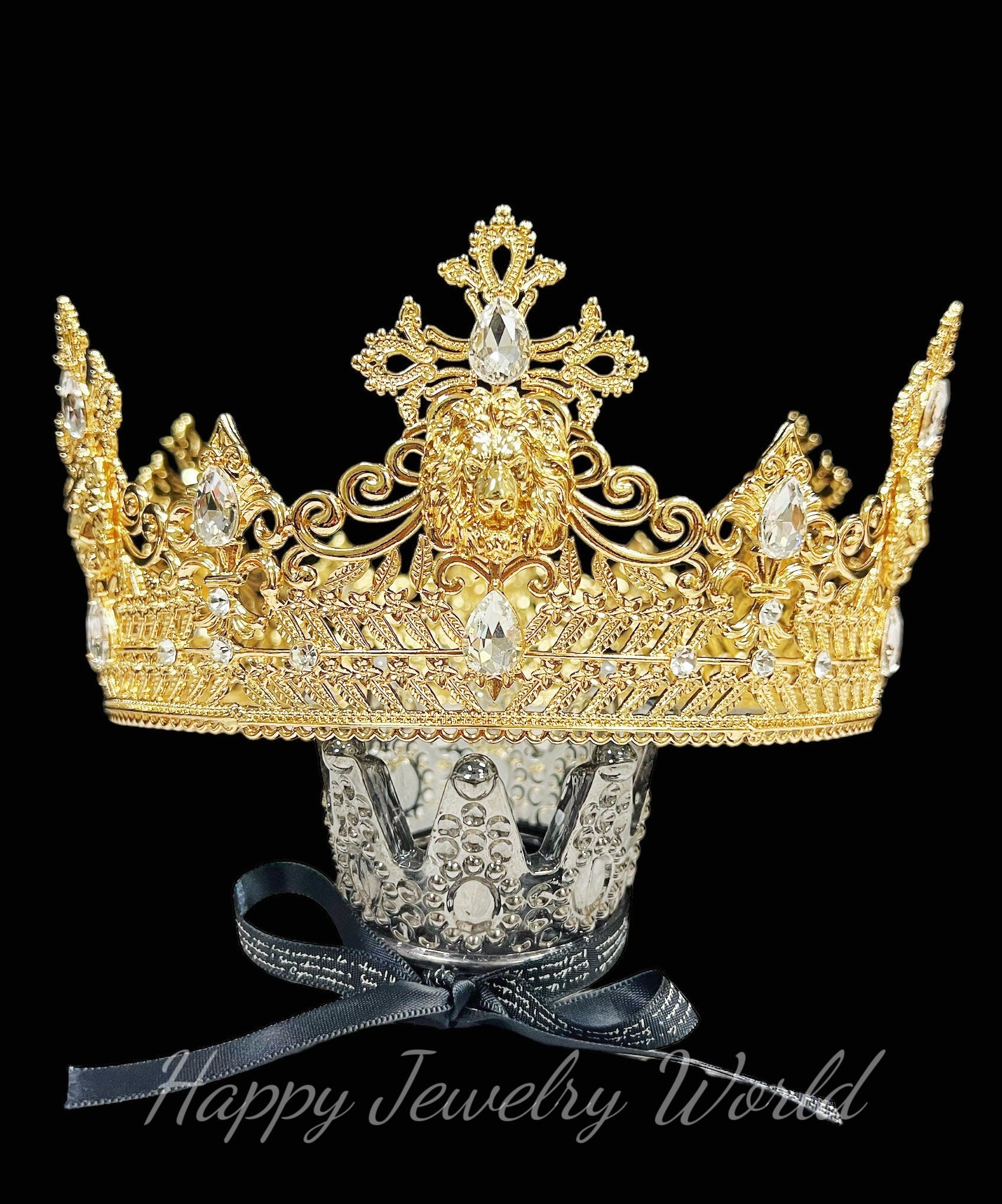 HappyJewelryWorld Gold Lion King Crown With Clear Rhinestone 24in