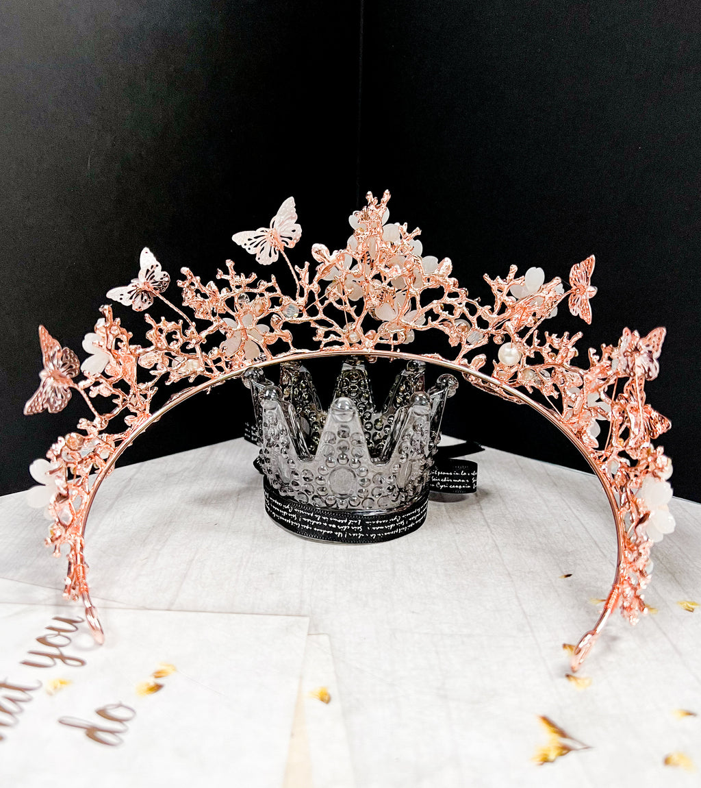 HappyJewelryWorld Rose Gold Tiara With Butterfly and Crystal
