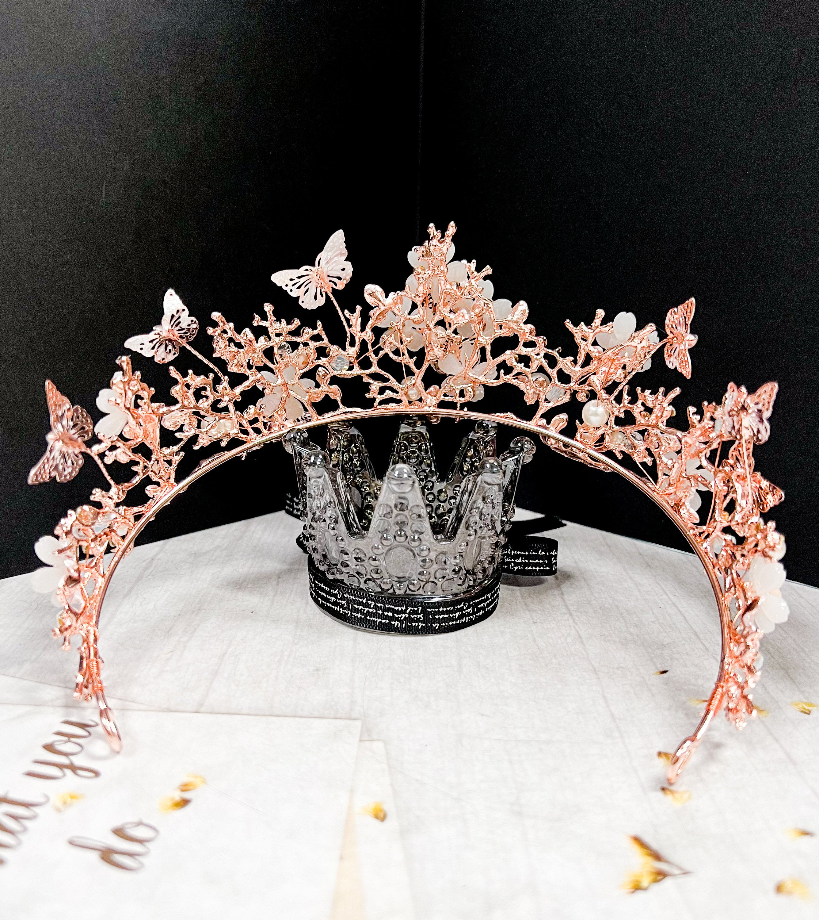 HappyJewelryWorld Rose Gold Tiara With Butterfly and Crystal