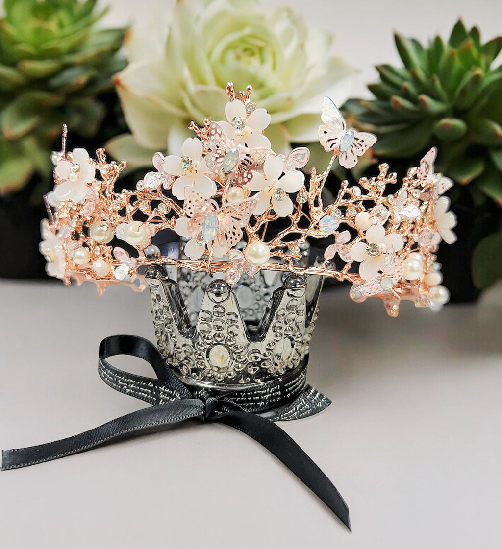 HappyJewelryWorld Rose Gold Tiara With Butterfly and Crystal