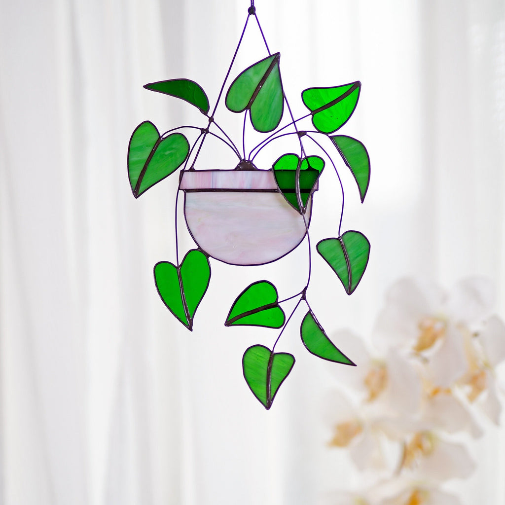 RainLine Heart Leaf Philodendron Stained Glass Hanging Suncatcher 7x10in