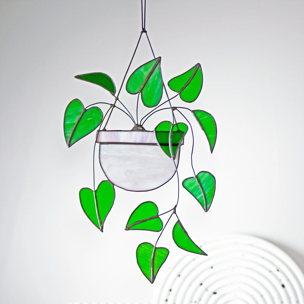 RainLine Heart Leaf Philodendron Stained Glass Hanging Suncatcher 7x10in
