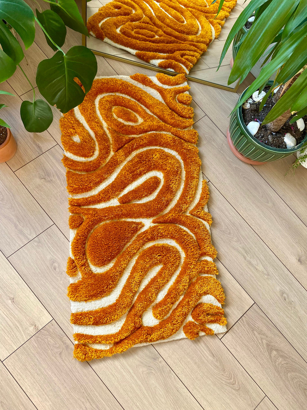 OrnnWorks Mustard Abstract 3D Fluffy Handmade Tufted Rug 110cm