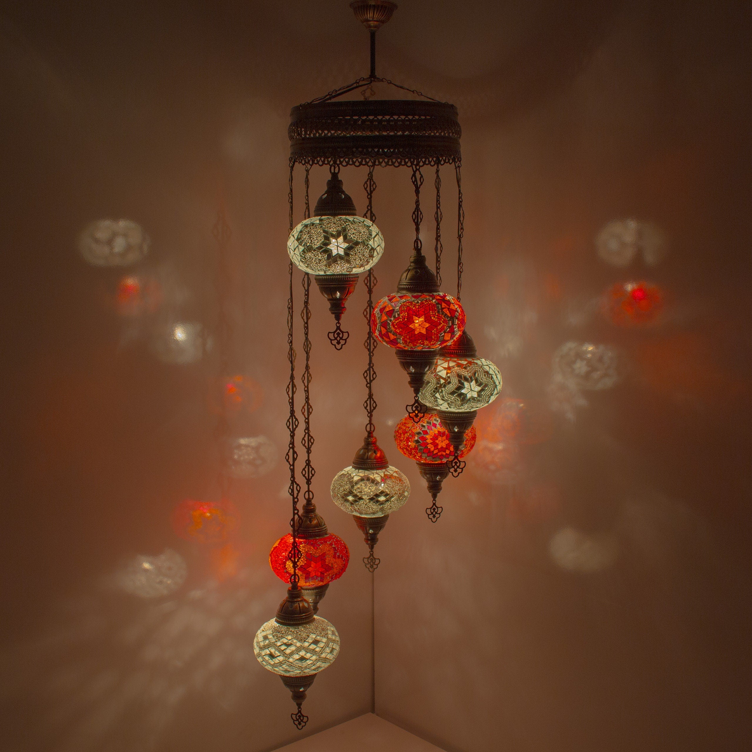 MoslandHome Handmade Turkish Mosaic Chandelier 7 Globe Hanging Pendant Lamp