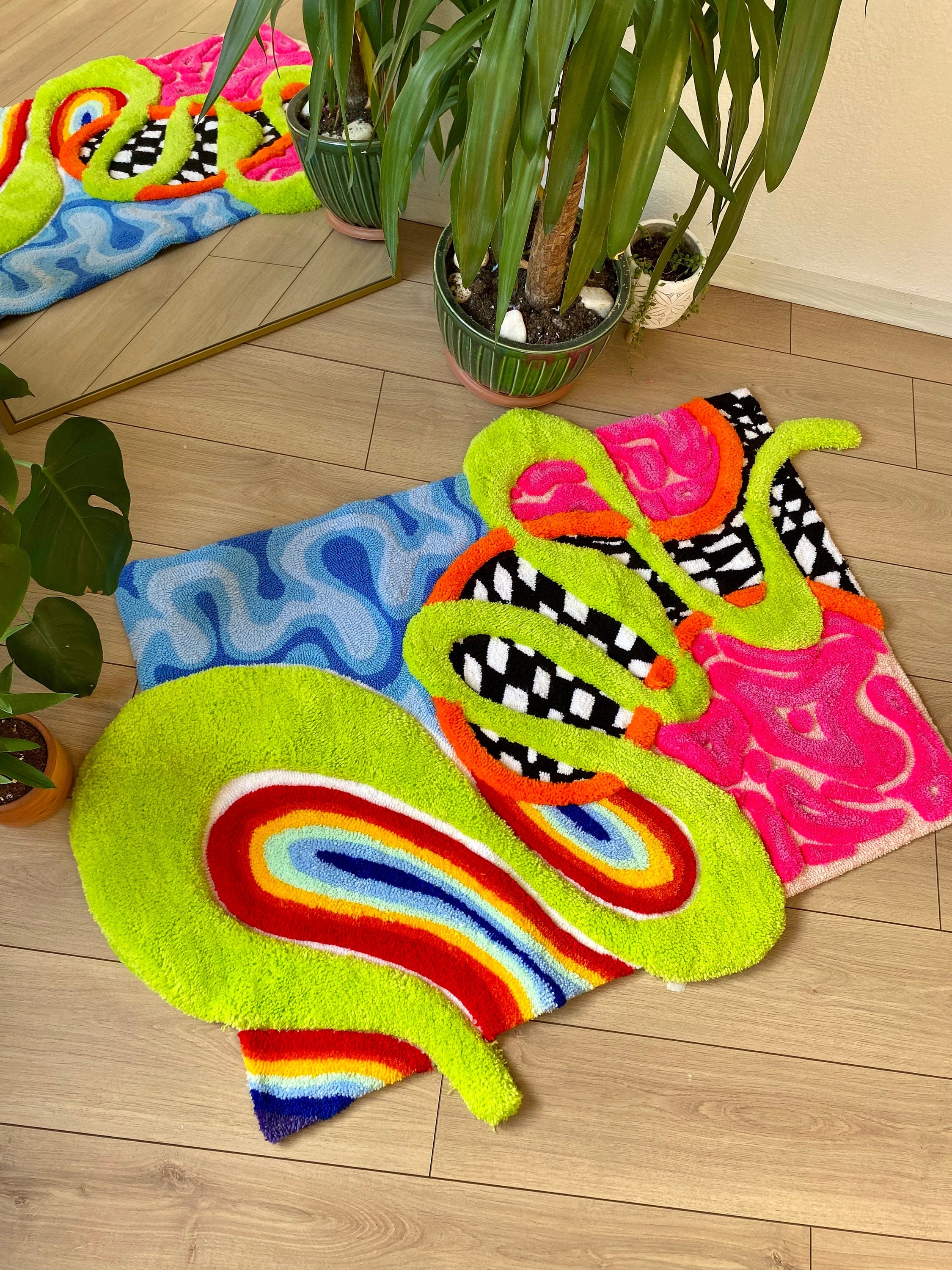 OrnnWorks 3D 'Alice' Fluffy Checkered Rainbow Handmade Tufted Rug