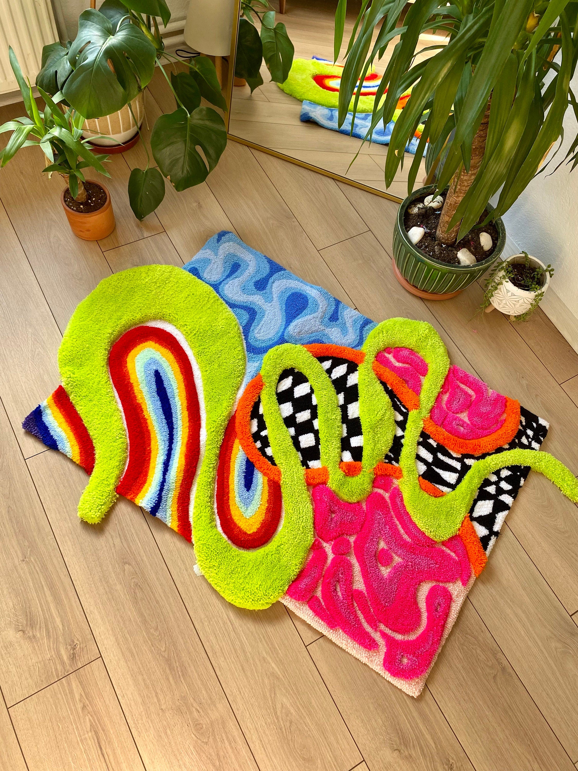 OrnnWorks 3D 'Alice' Fluffy Checkered Rainbow Handmade Tufted Rug