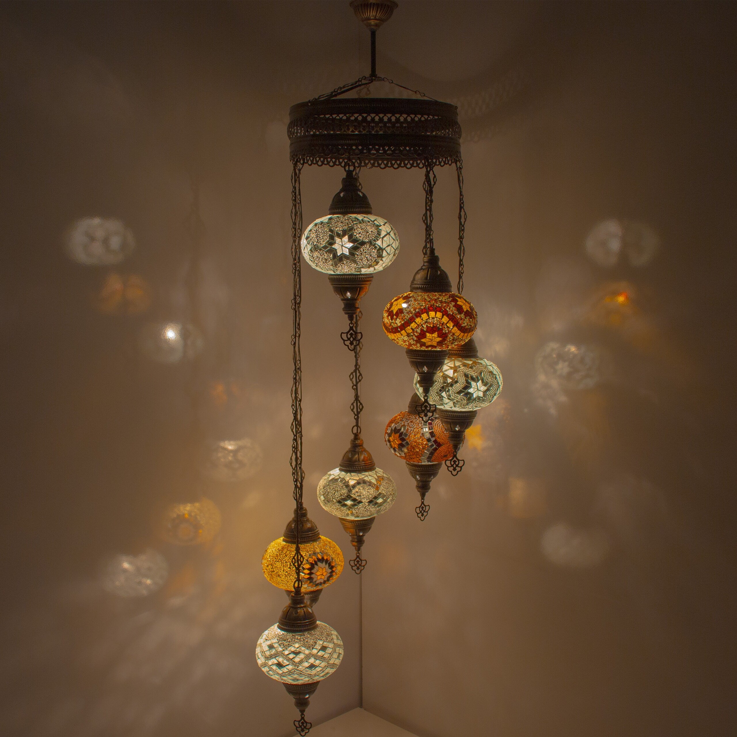 MoslandHome Handmade Turkish Mosaic Chandelier 7 Globe Hanging Lamp