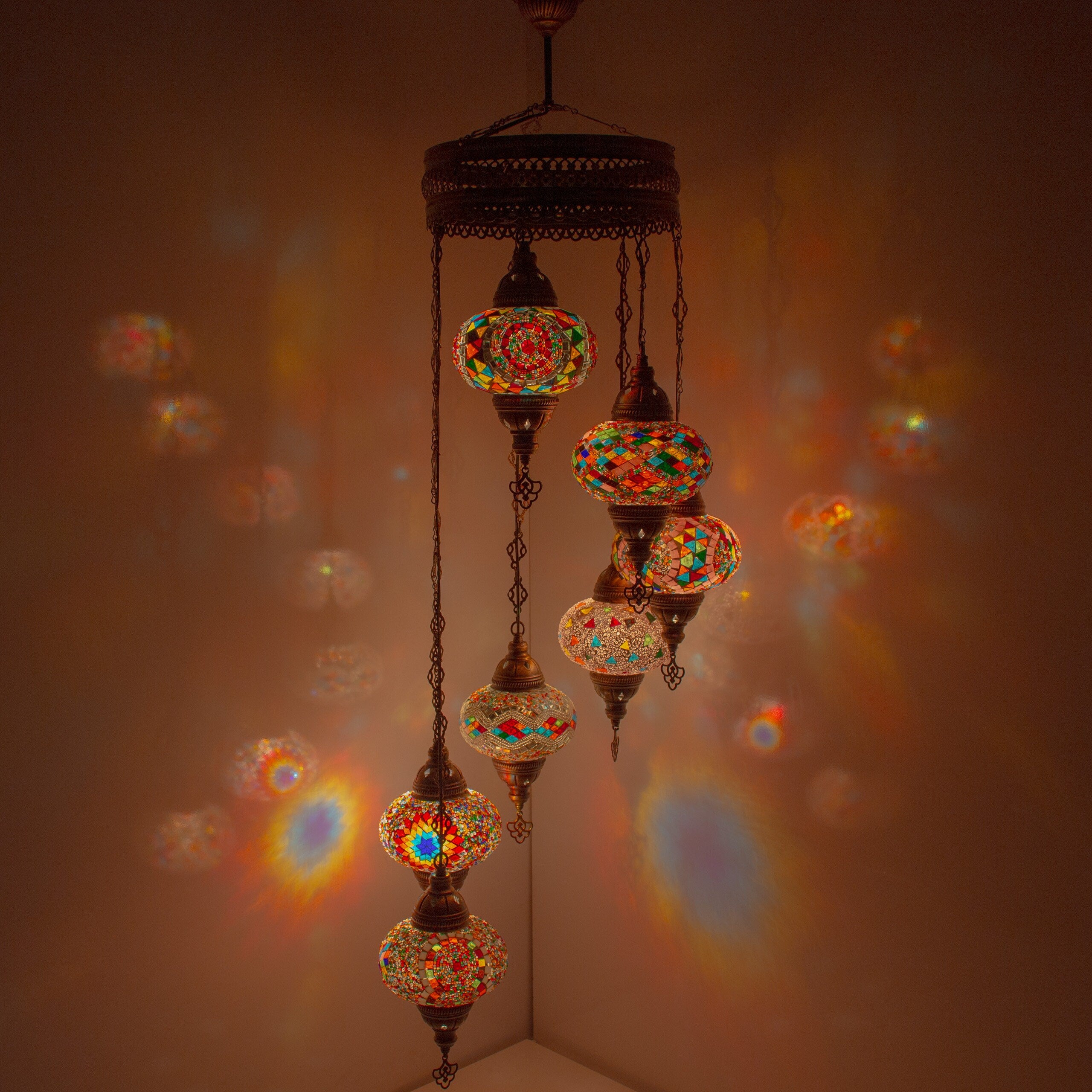 MoslandHome Handmade Turkish Mosaic Chandelier 7 Globe Hanging Lamp