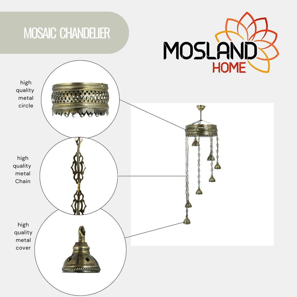 MoslandHome Handmade Turkish Mosaic Chandelier 7 Globe Hanging Lamp