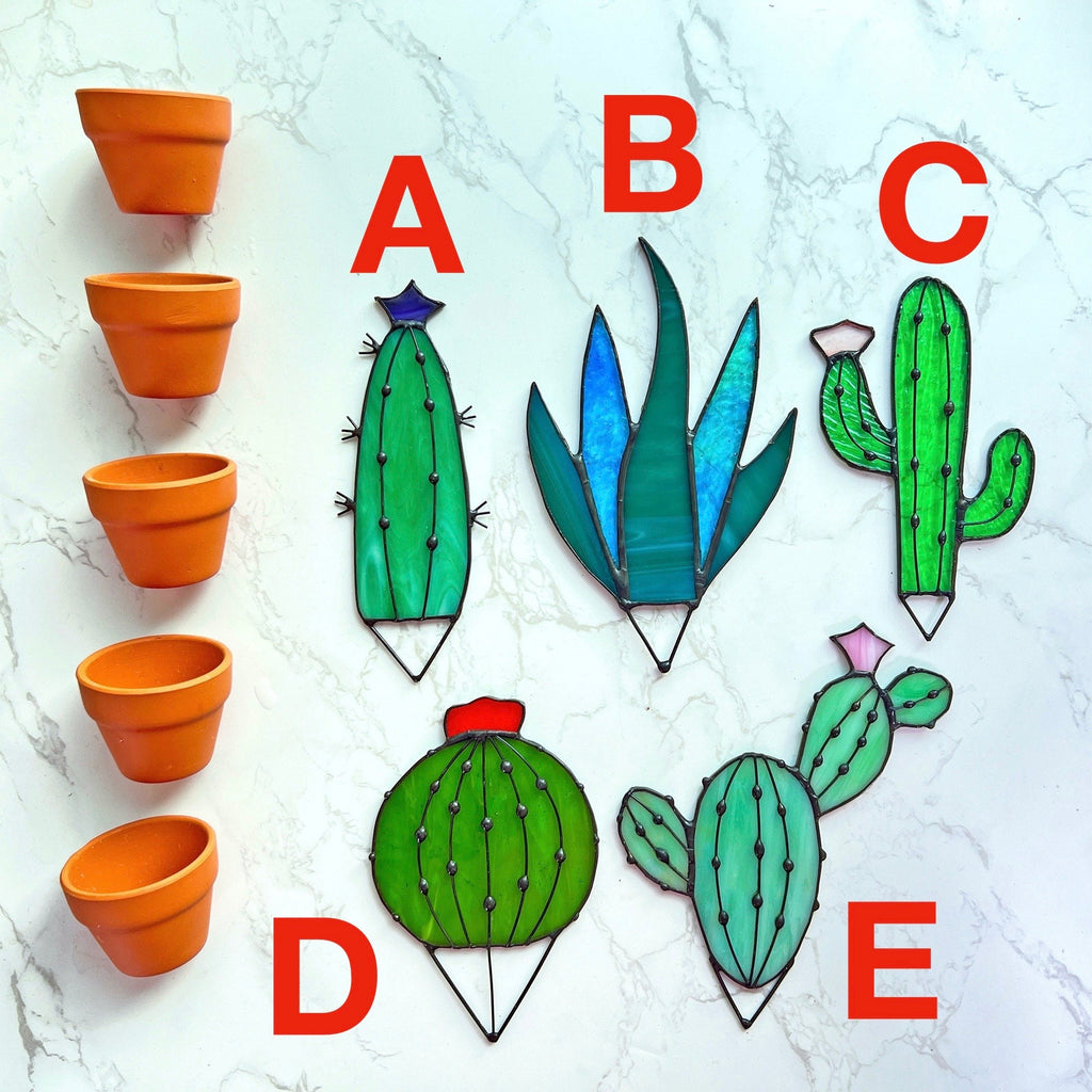RainLine Handmade Stained Glass Cactus Suncatcher Succulent Plant with Pot