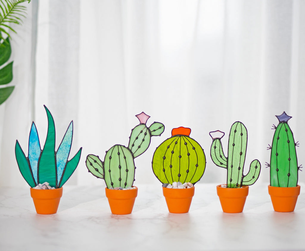 RainLine Handmade Stained Glass Cactus Suncatcher Succulent Decor