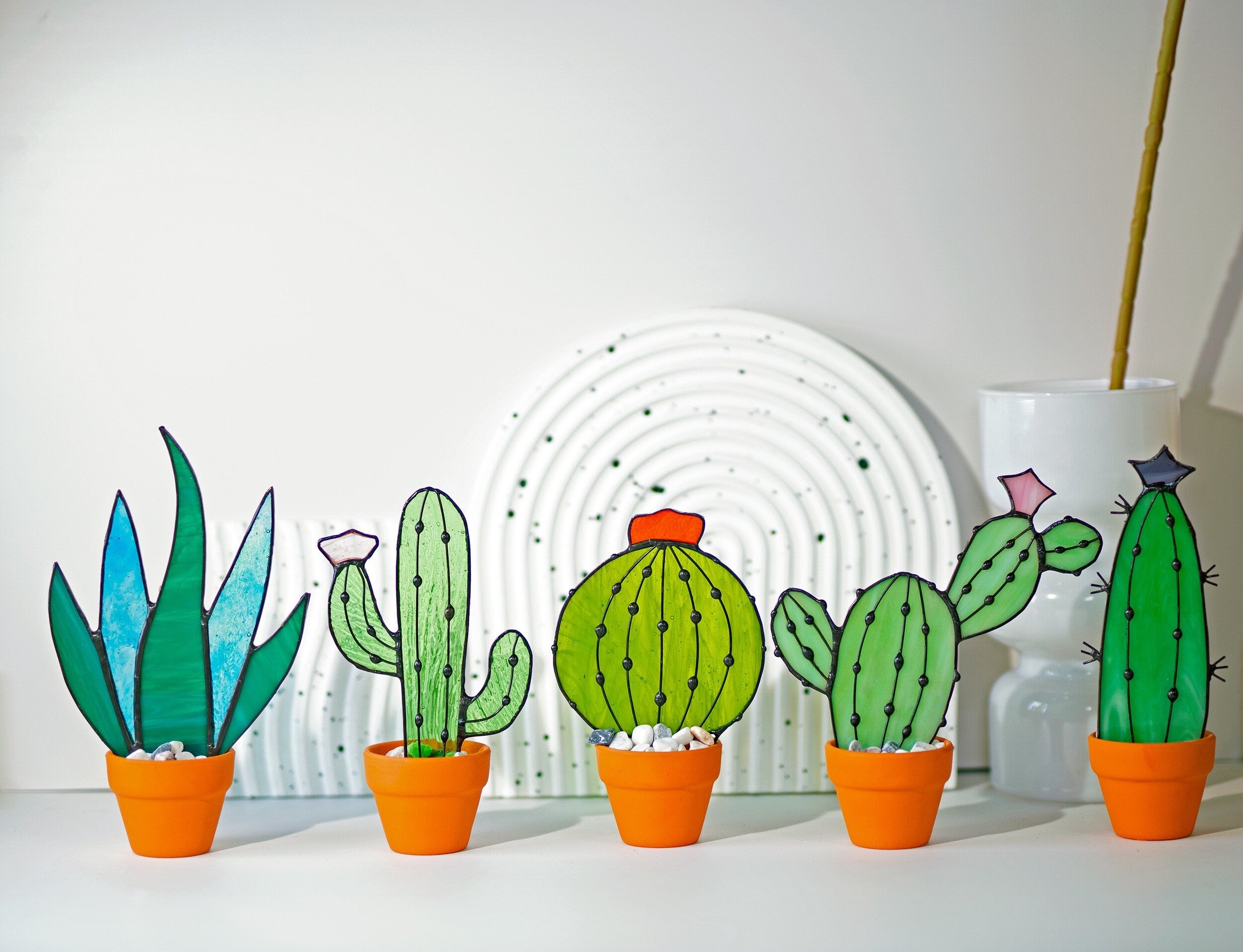 RainLine Handmade Stained Glass Cactus Succulent Suncatcher Decor