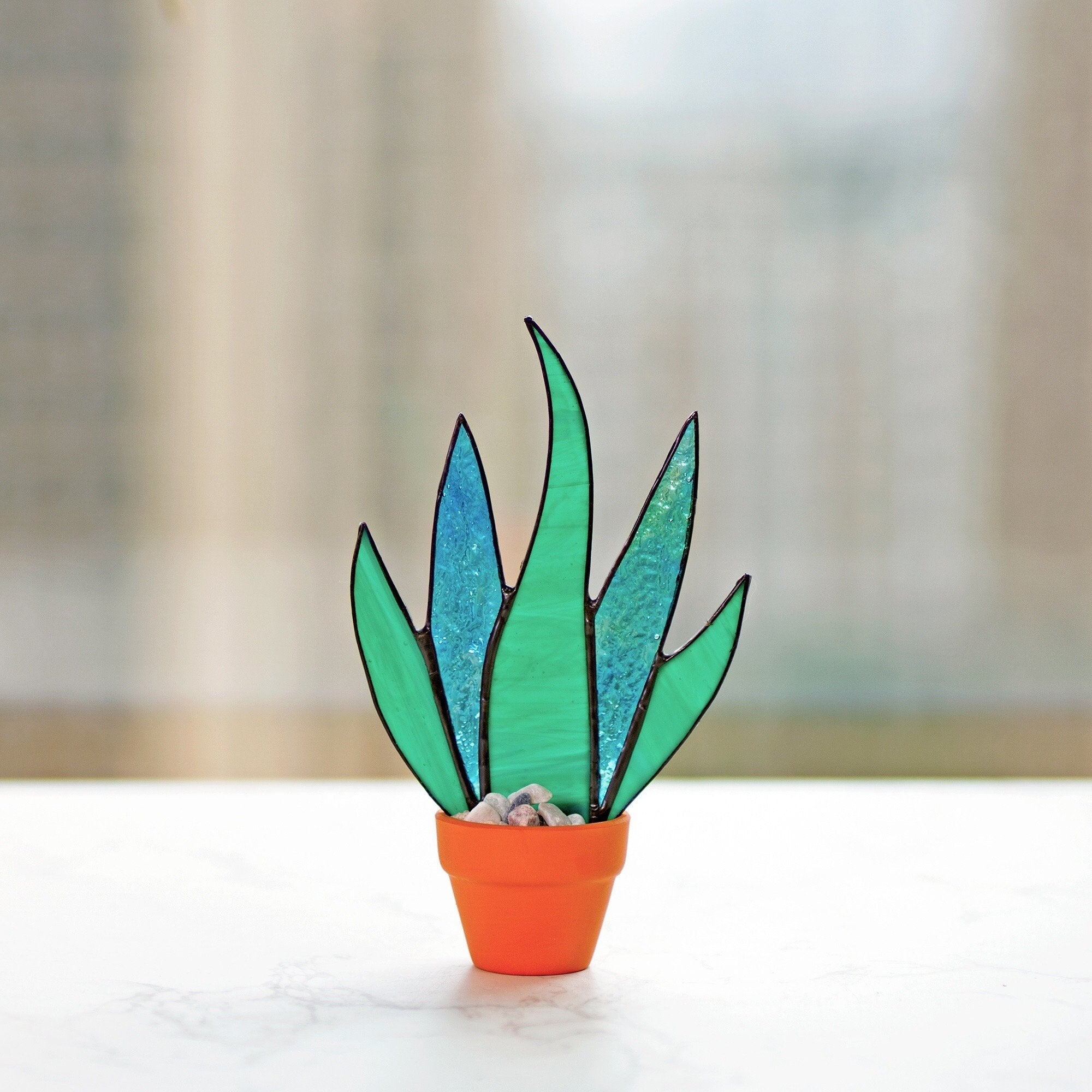 RainLine Handmade Stained Glass Cactus Succulent Suncatcher Decor