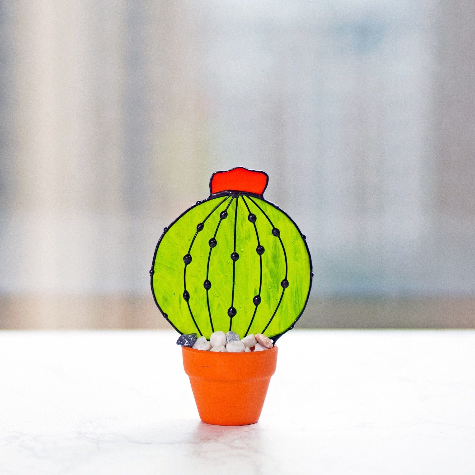 RainLine Stained Glass Cactus Suncatcher Artificial Plant Decor