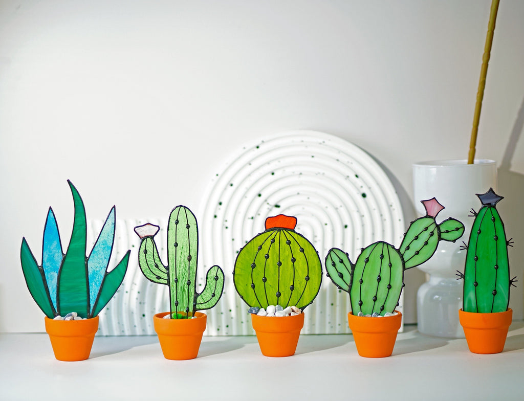 RainLine Stained Glass Cactus Suncatcher Artificial Plant Decor
