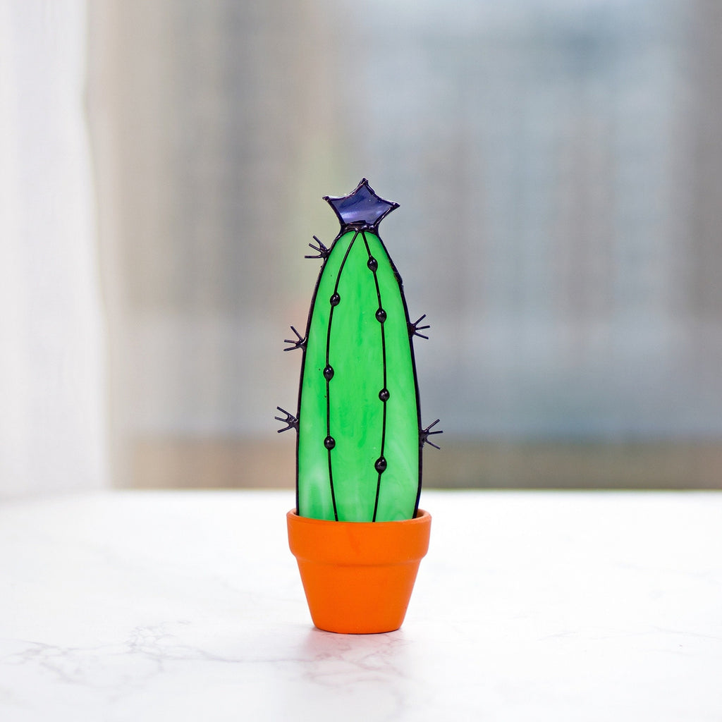 RainLine Handmade Stained Glass Cactus Suncatcher Succulent Plant with Pot