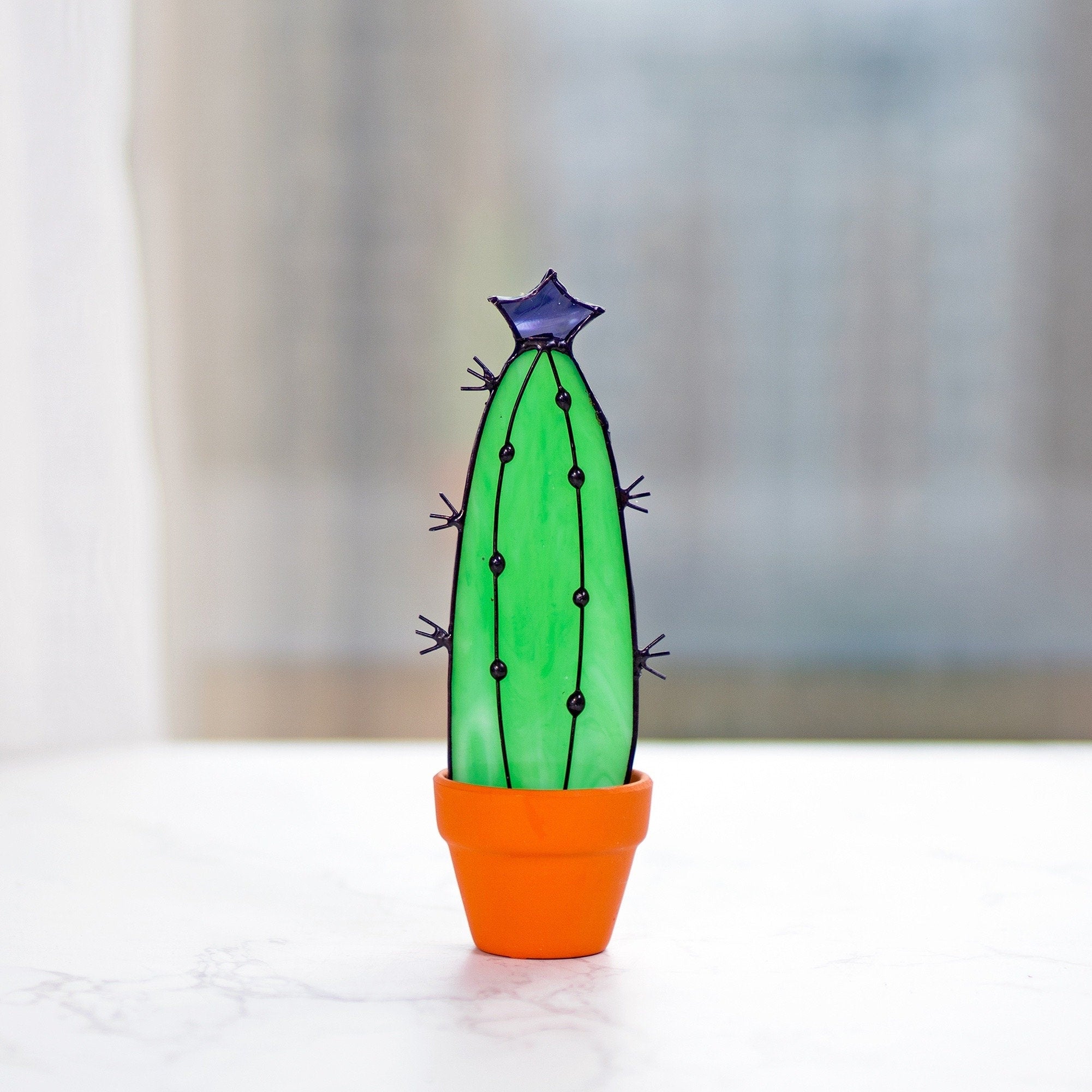 RainLine Handmade Stained Glass Cactus Suncatcher Succulent Plant with Pot