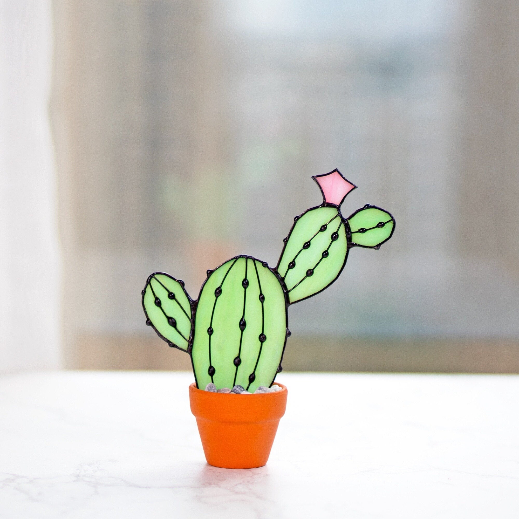 RainLine Handmade Stained Glass Cactus Suncatcher Succulent Plant with Pot