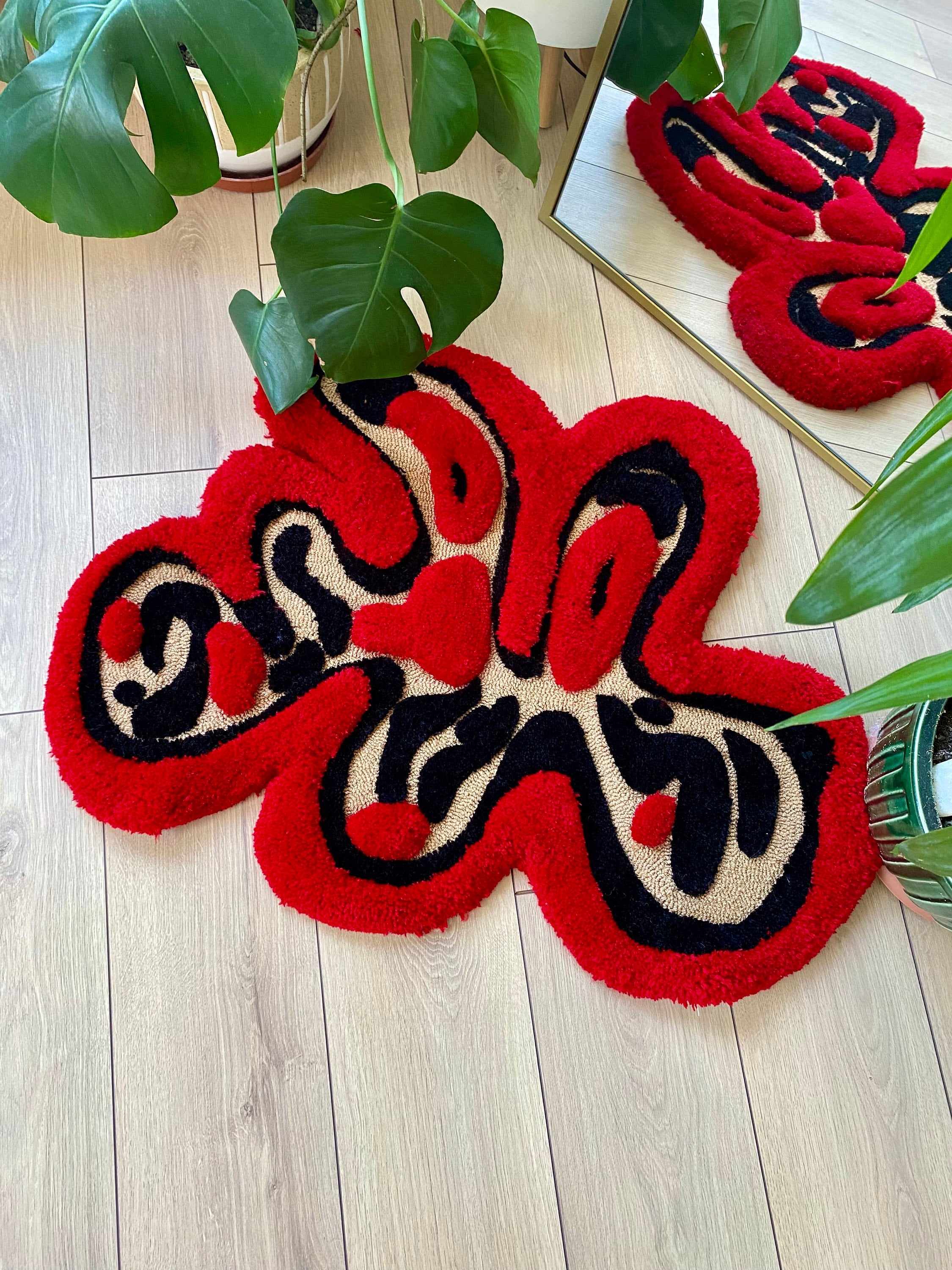 OrnnWorks Abstract 3D Red & Black Fluffy Handmade Tufted Rug