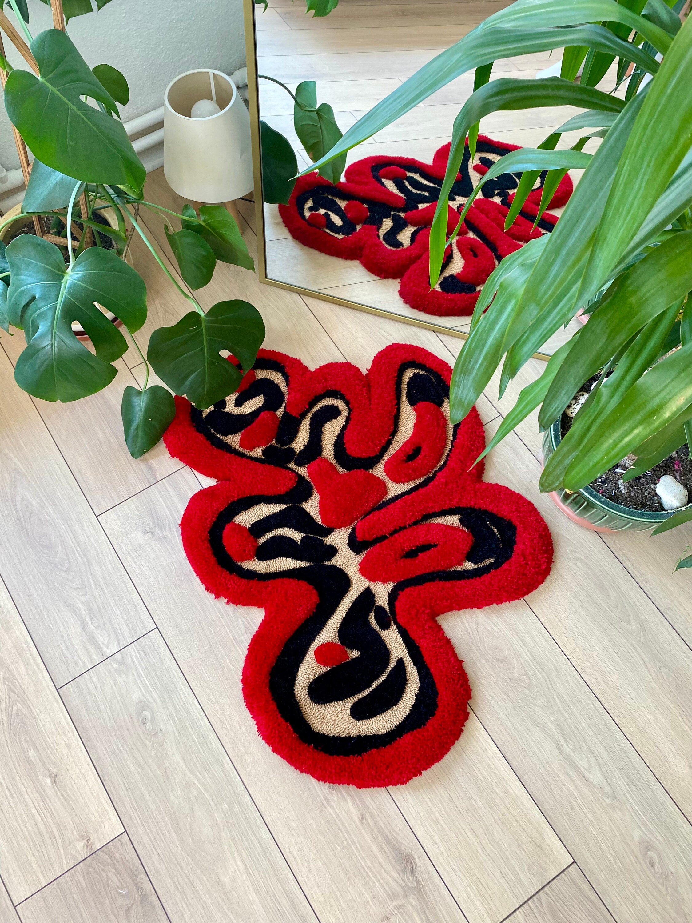 OrnnWorks Abstract 3D Red & Black Fluffy Handmade Tufted Rug