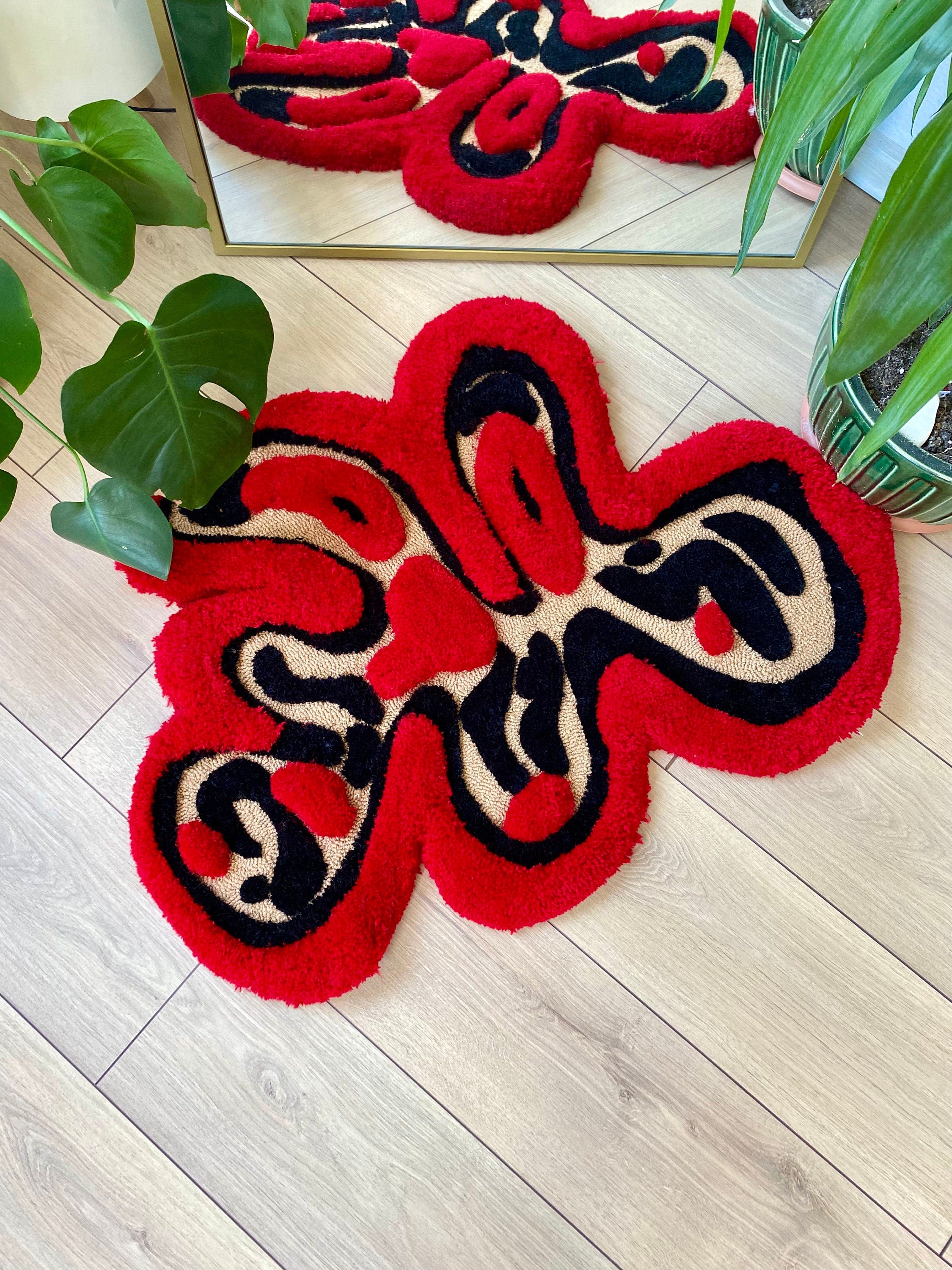 OrnnWorks Abstract 3D Red & Black Fluffy Handmade Tufted Rug