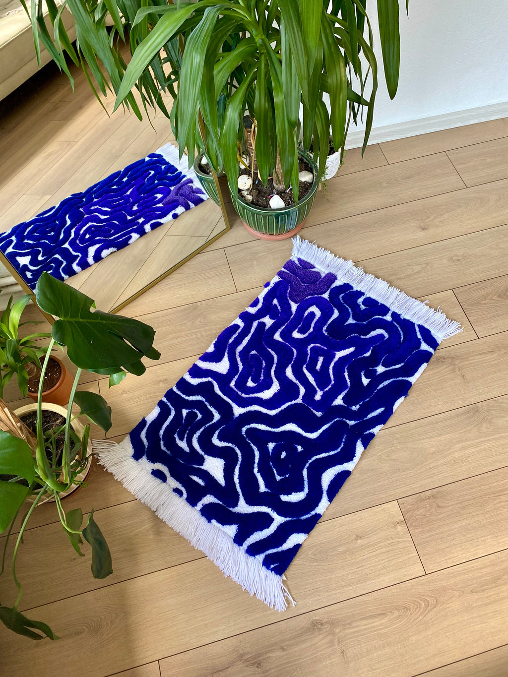 OrnnWorks Abstract Dark Blue Purple Fringed 3D Fluffy Tufted Rug