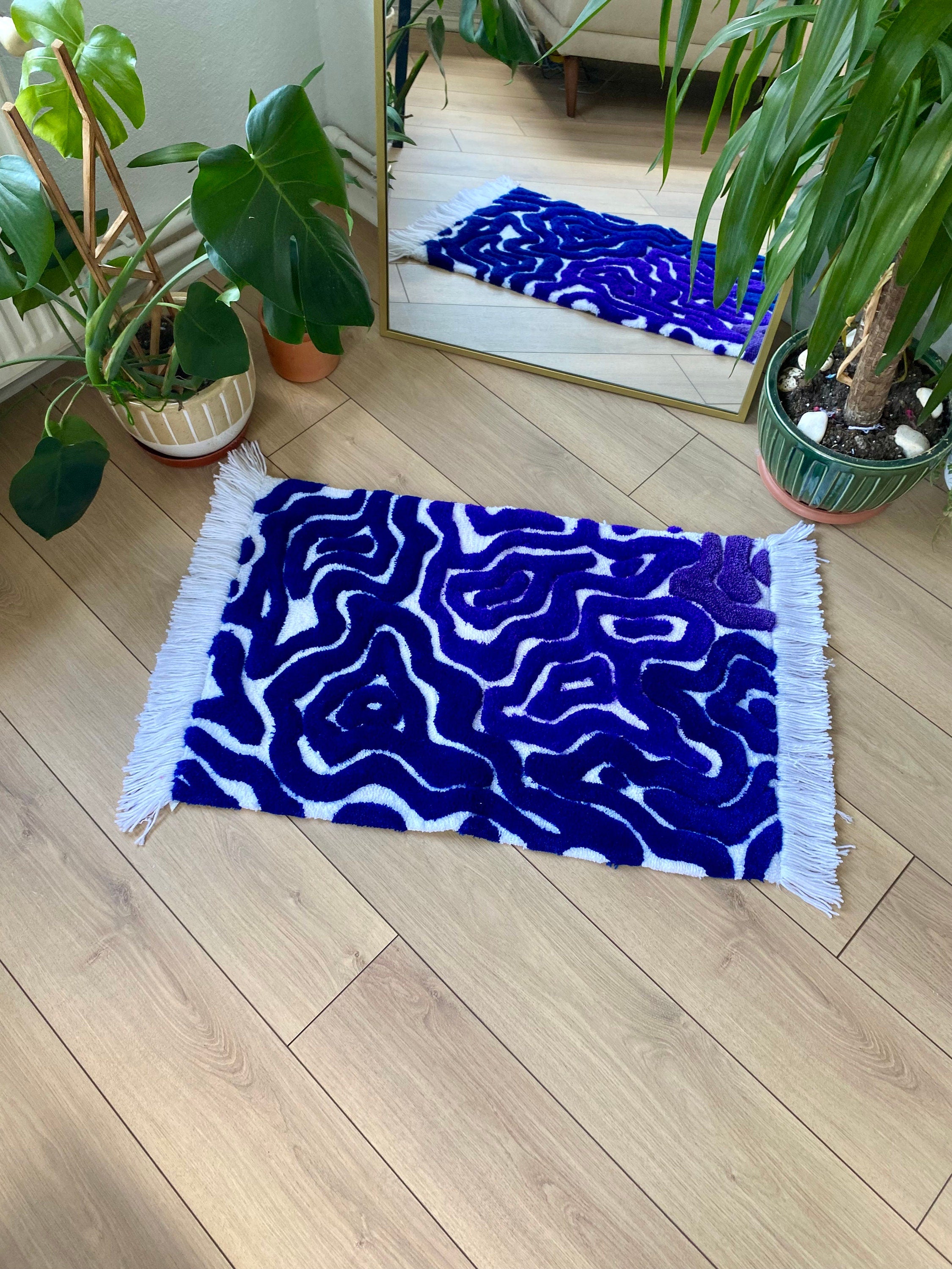 OrnnWorks Abstract Dark Blue Purple Fringed 3D Fluffy Tufted Rug