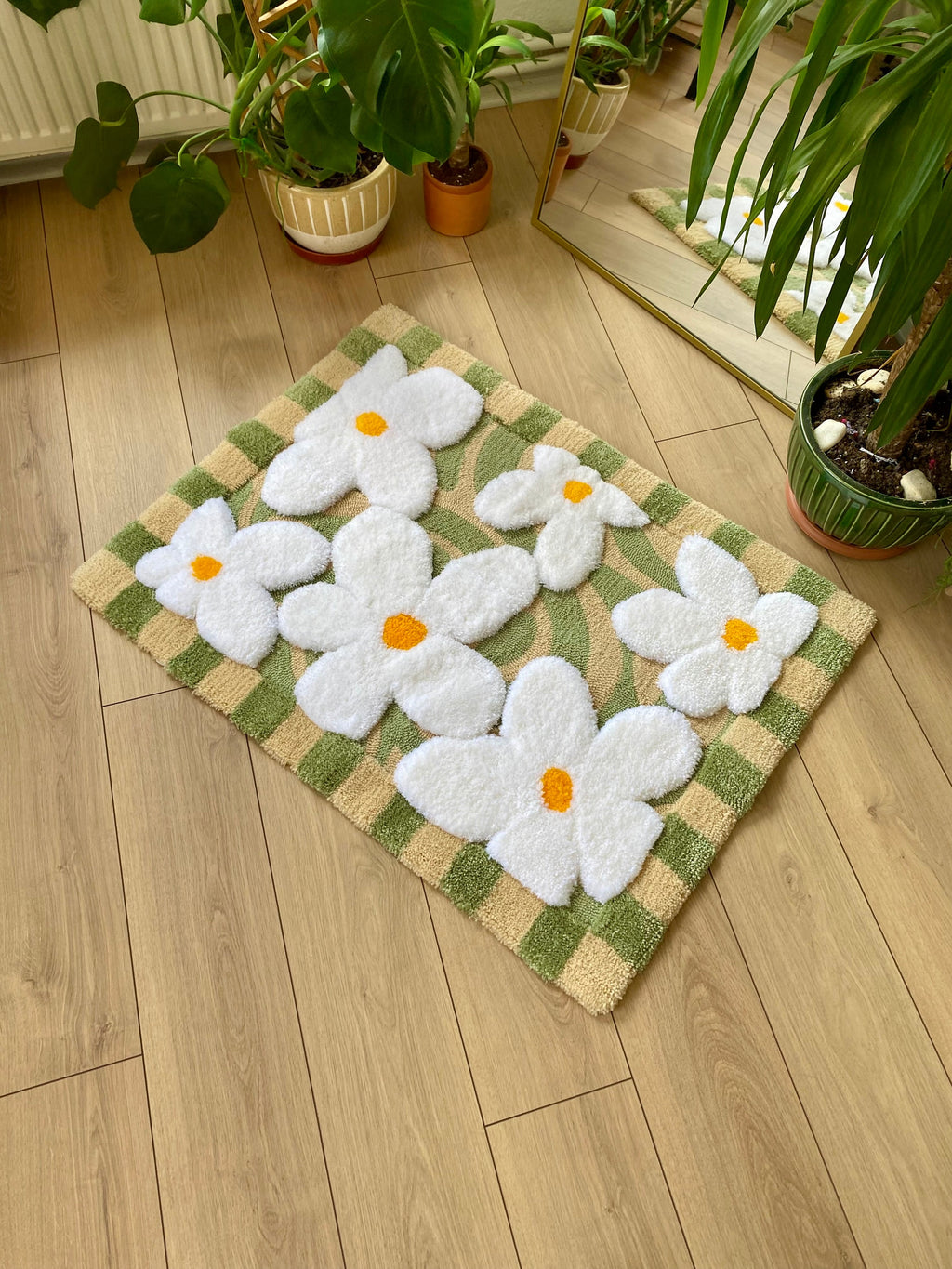 Abstract 3D Checkered Daisy Fluffy Handmade Tufted Rug