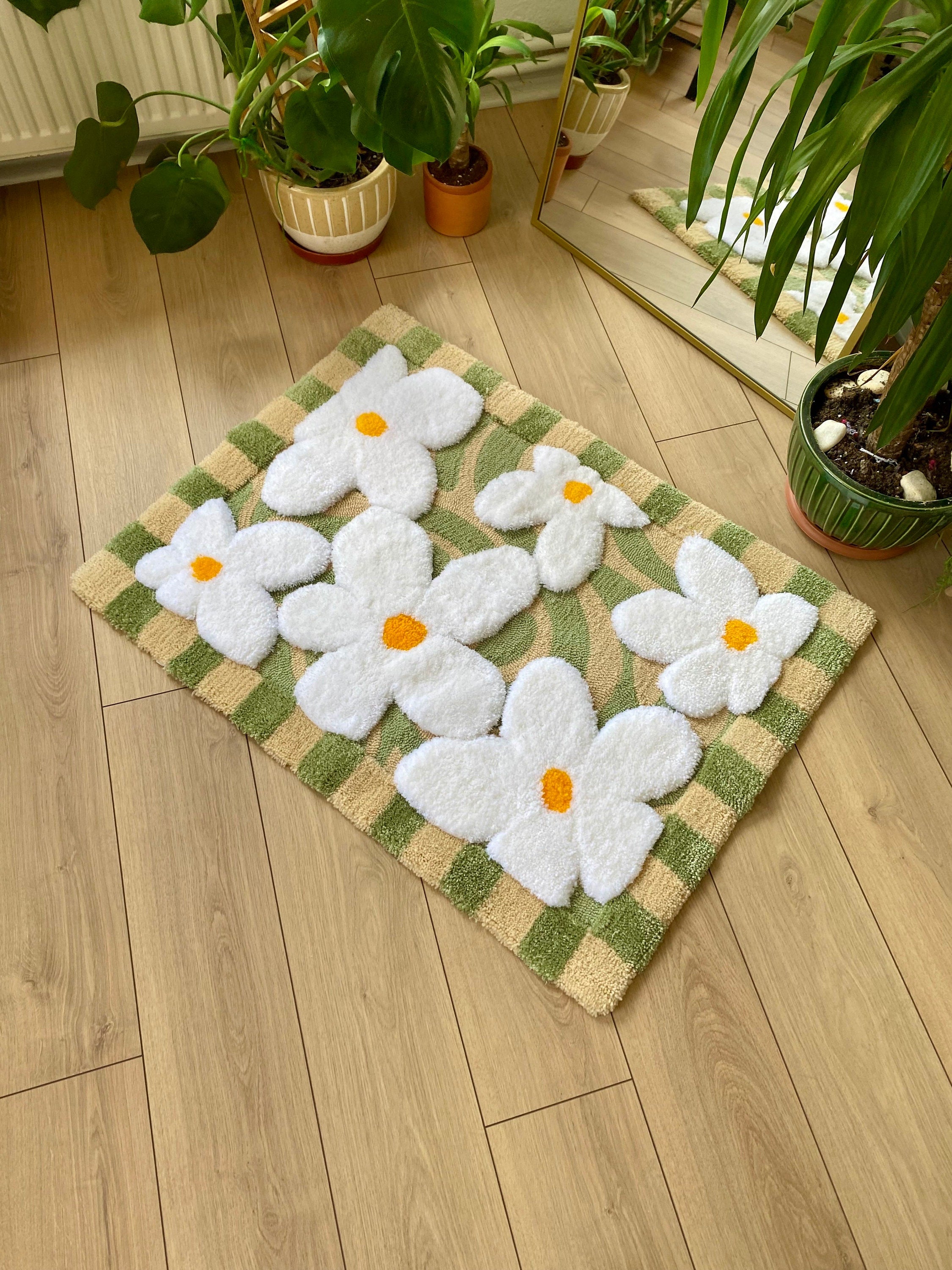 Abstract 3D Checkered Daisy Fluffy Handmade Tufted Rug