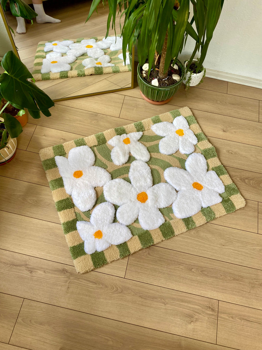 Abstract 3D Checkered Daisy Fluffy Handmade Tufted Rug