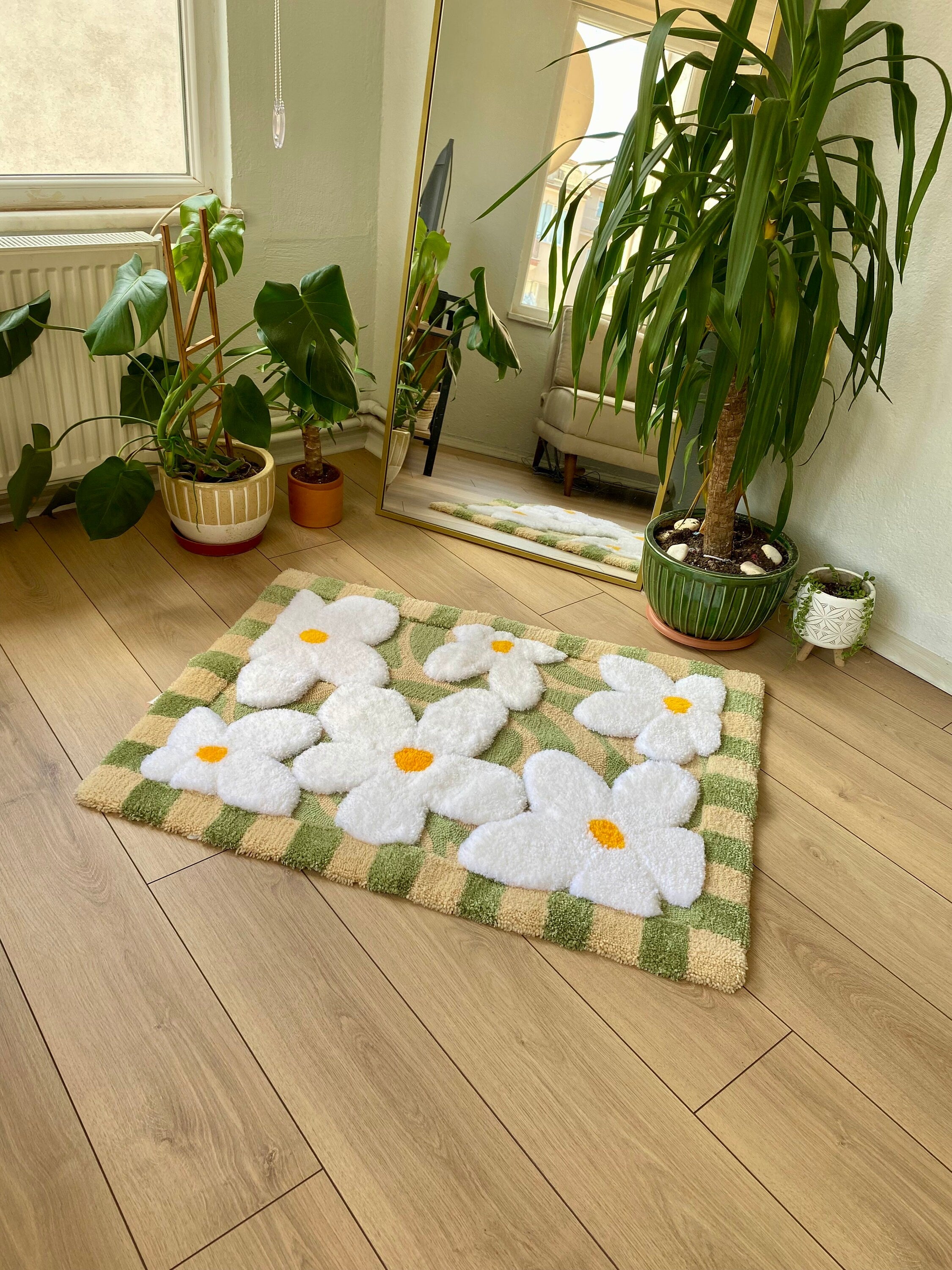 Abstract 3D Checkered Daisy Fluffy Handmade Tufted Rug