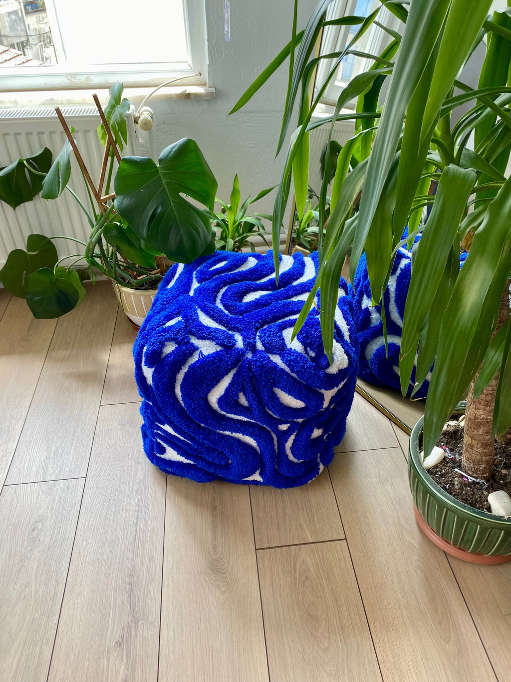 OrnnWorks Abstract 3D Tufted Ottoman Pouf Cover Blue & White