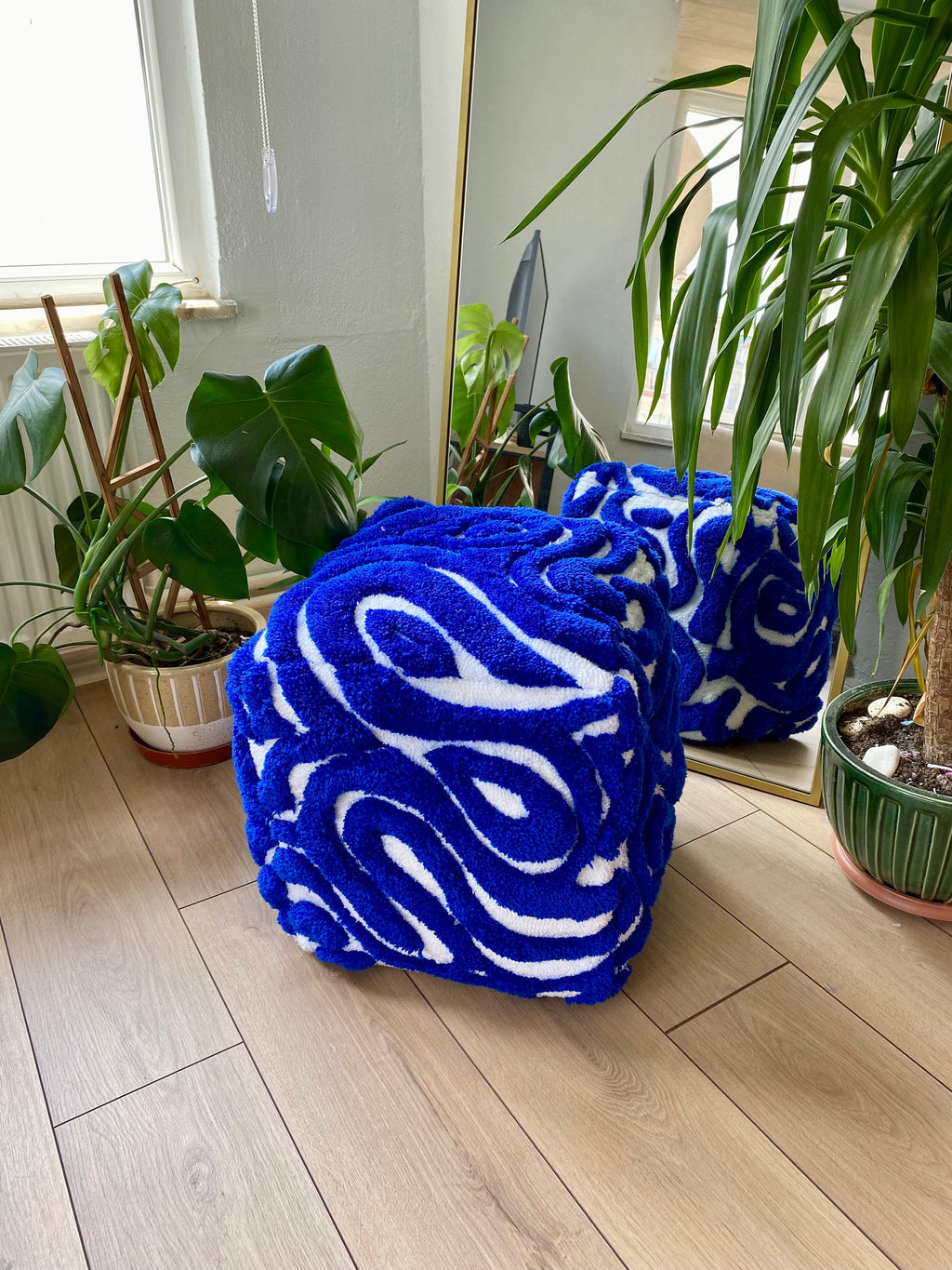 OrnnWorks Abstract 3D Tufted Ottoman Pouf Cover Blue & White