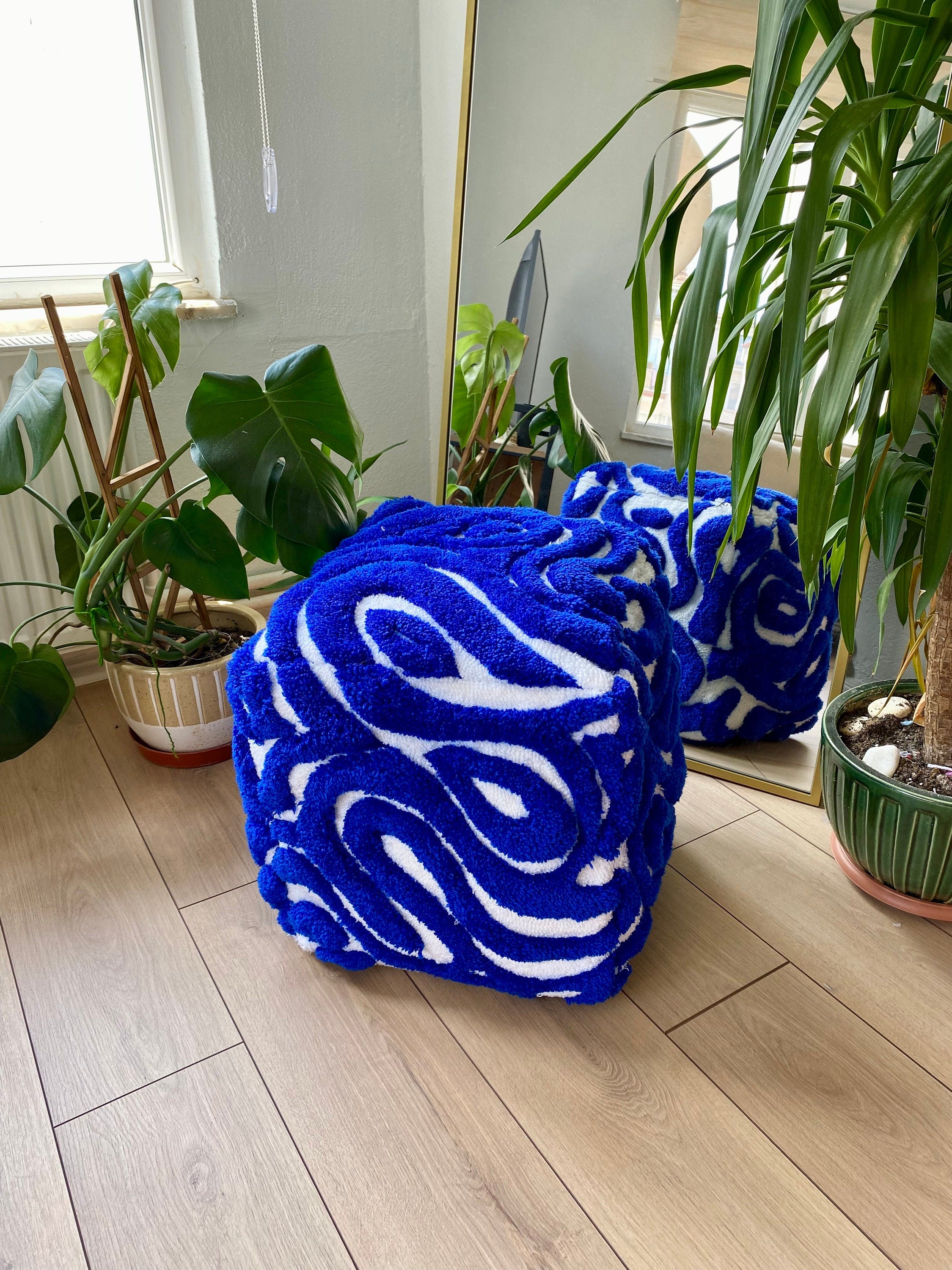 OrnnWorks Abstract 3D Tufted Ottoman Pouf Cover Blue & White