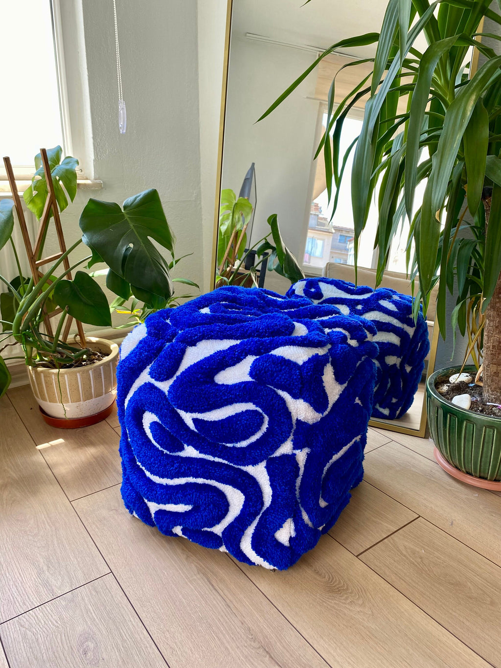 OrnnWorks Abstract 3D Tufted Ottoman Pouf Cover Blue & White