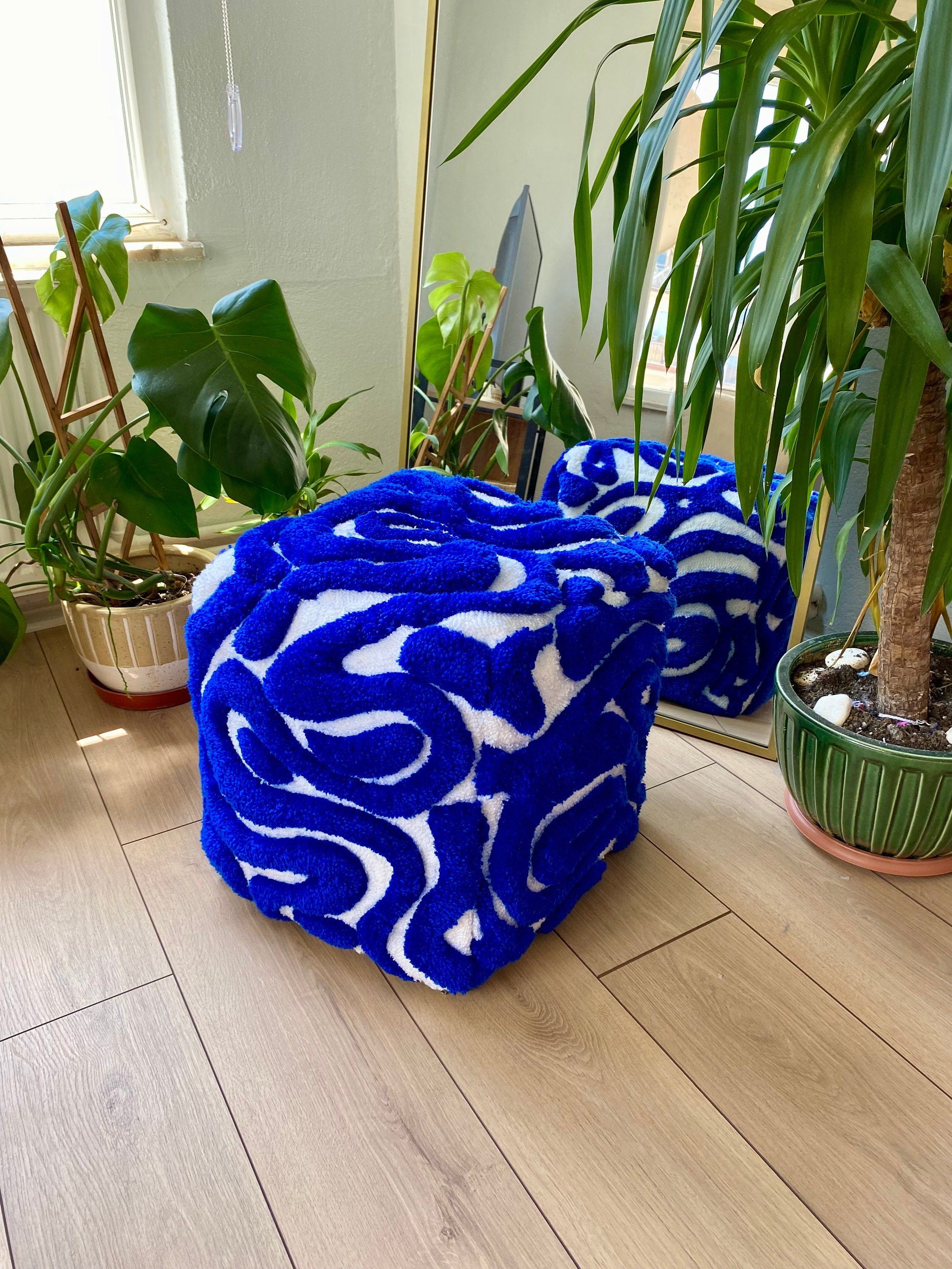 OrnnWorks Abstract 3D Tufted Ottoman Pouf Cover Blue & White