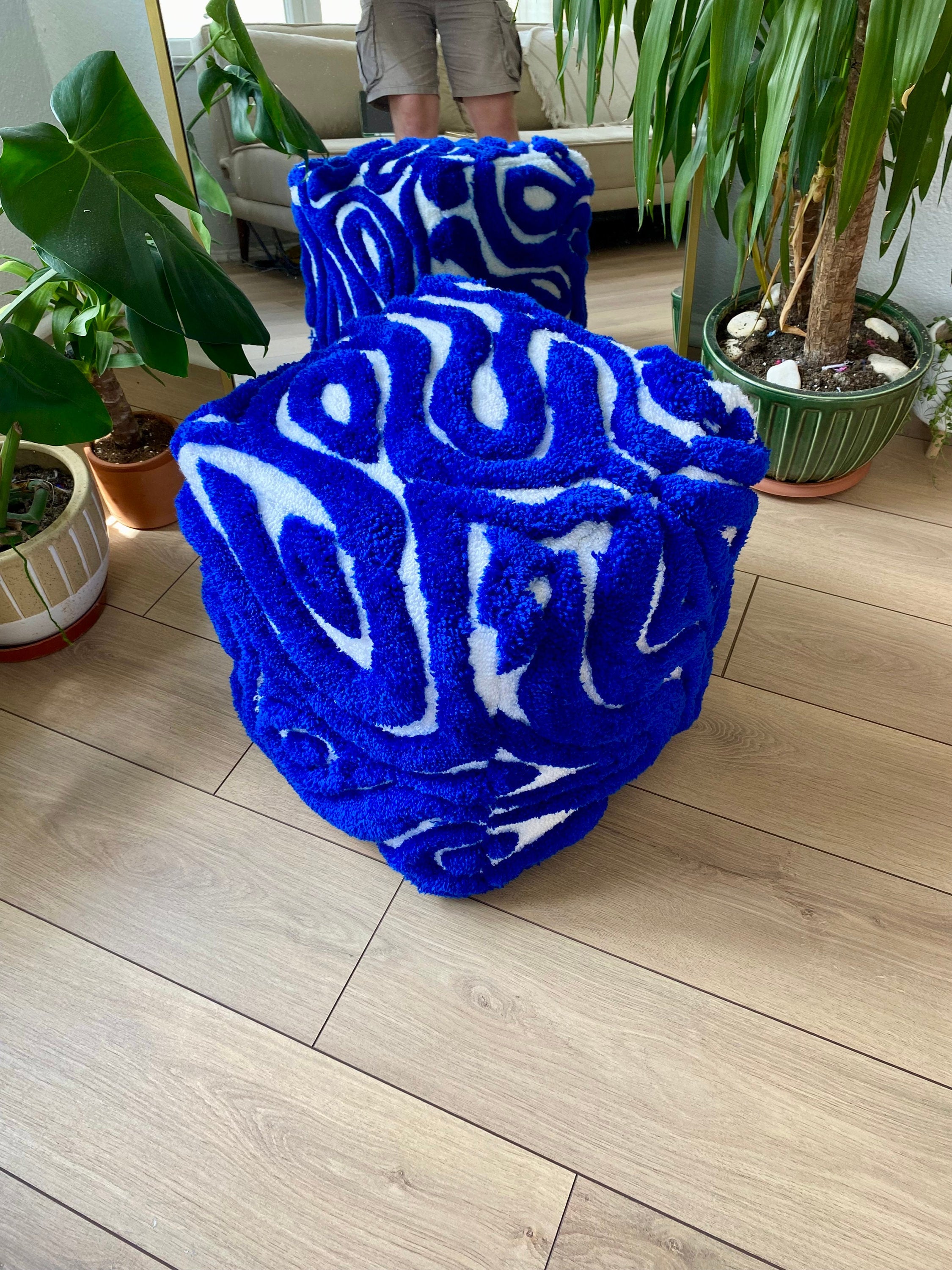 OrnnWorks Abstract 3D Tufted Ottoman Pouf Cover Blue & White