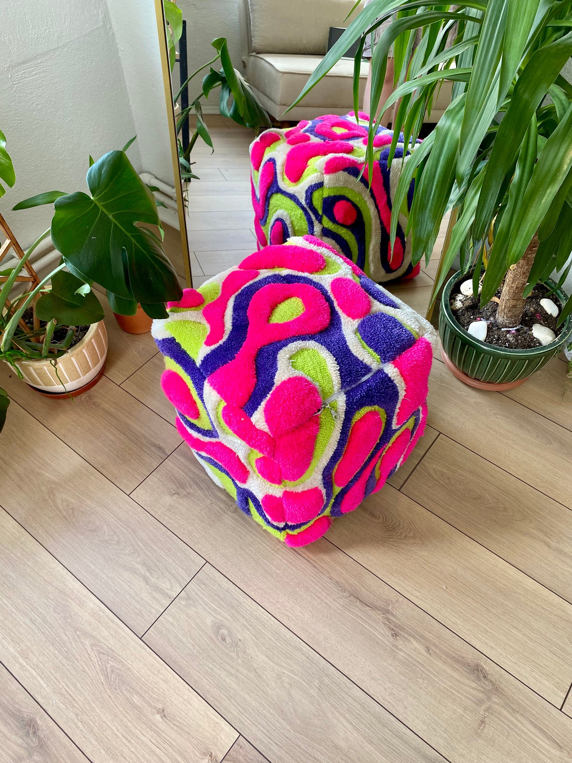OrnnWorks Coral Abstract 3D Tufted Ottoman Pouf Cover Unstuffed 45cm