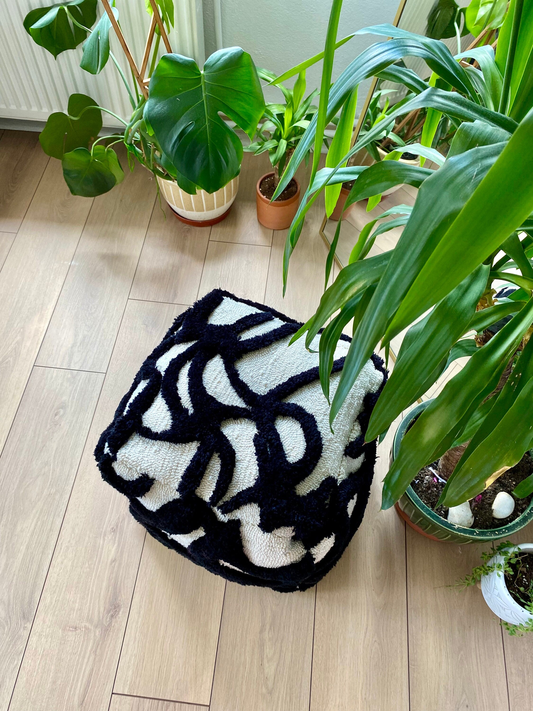 OrnnWorks Gothic Abstract 3D Tufted Ottoman Pouf Cover Black Beige