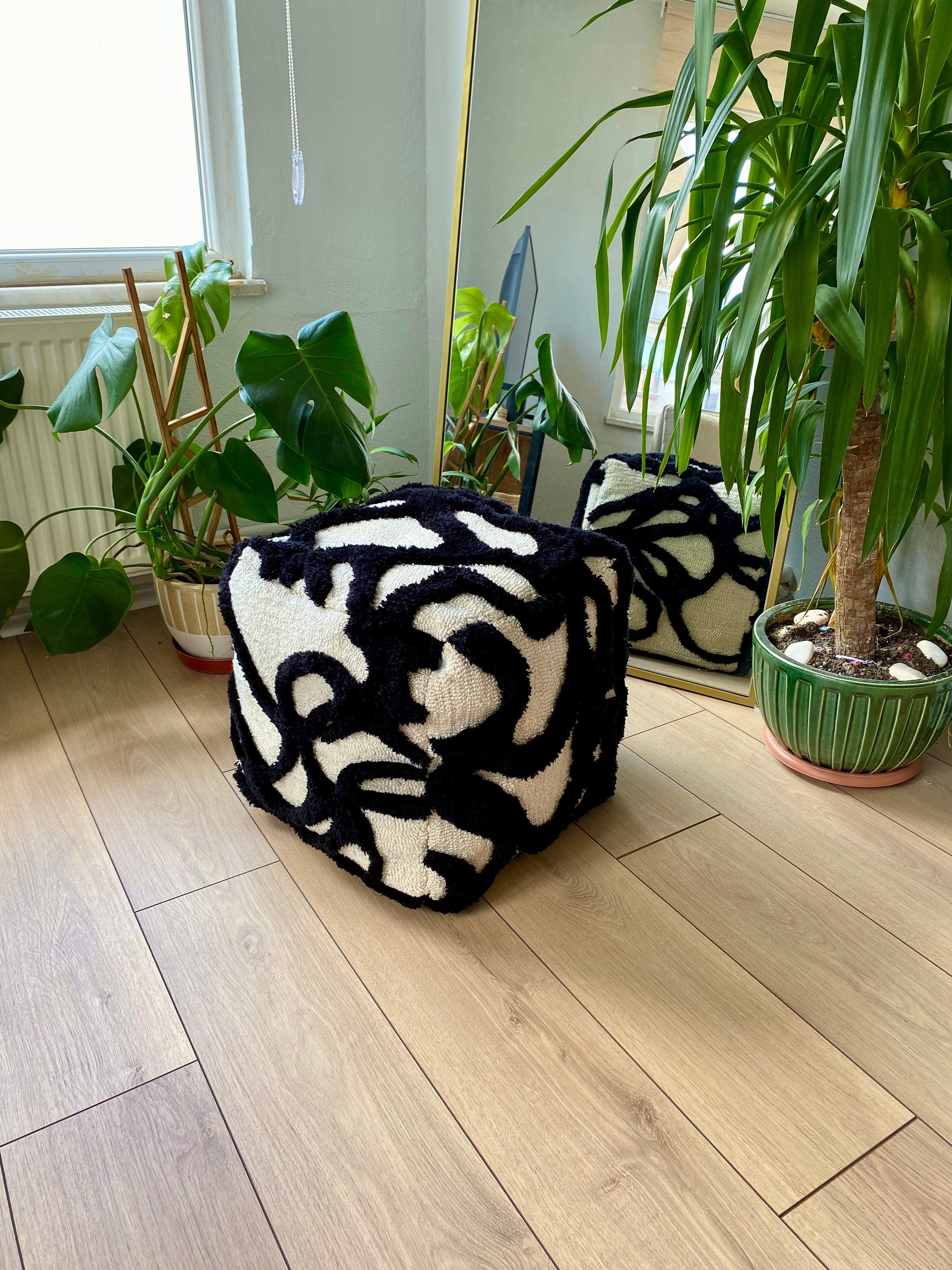 OrnnWorks Gothic Abstract 3D Tufted Ottoman Pouf Cover Black Beige