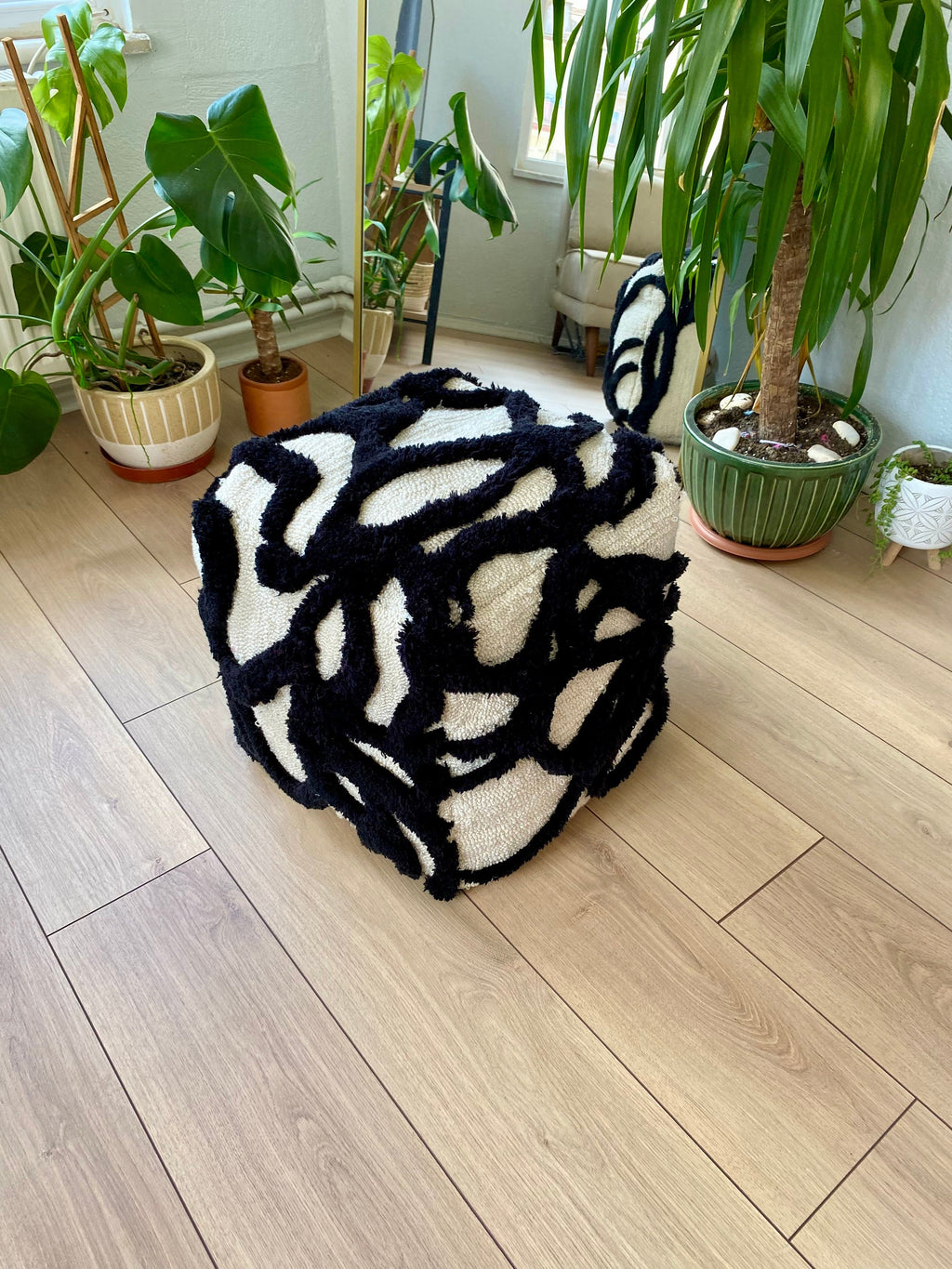 OrnnWorks Gothic Abstract 3D Tufted Ottoman Pouf Cover Black Beige