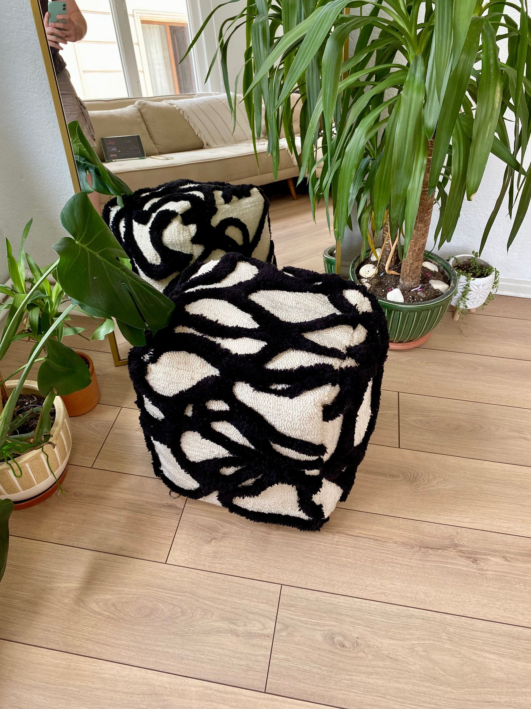 OrnnWorks Gothic Abstract 3D Tufted Ottoman Pouf Cover Black Beige