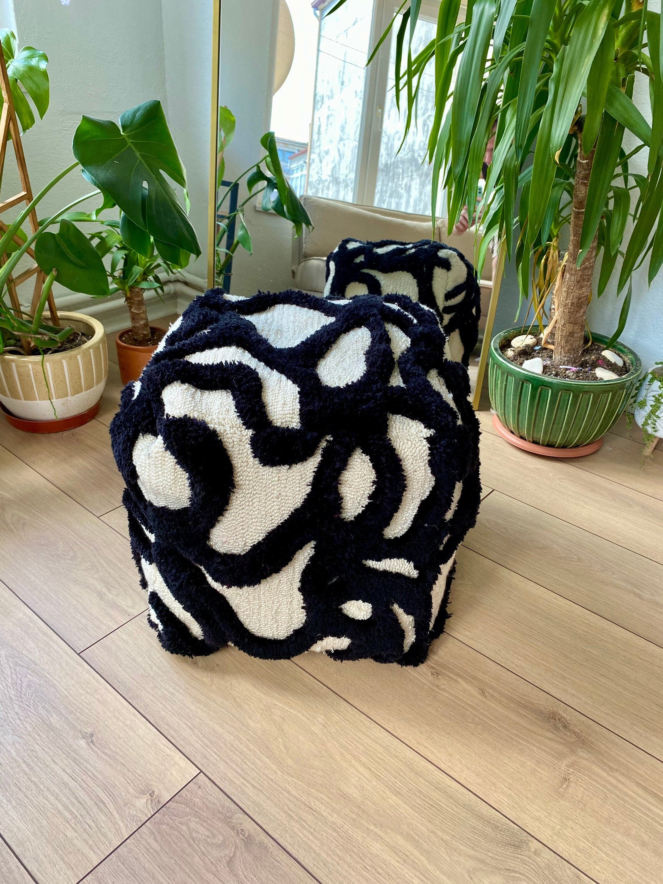OrnnWorks Gothic Abstract 3D Tufted Ottoman Pouf Cover Black Beige