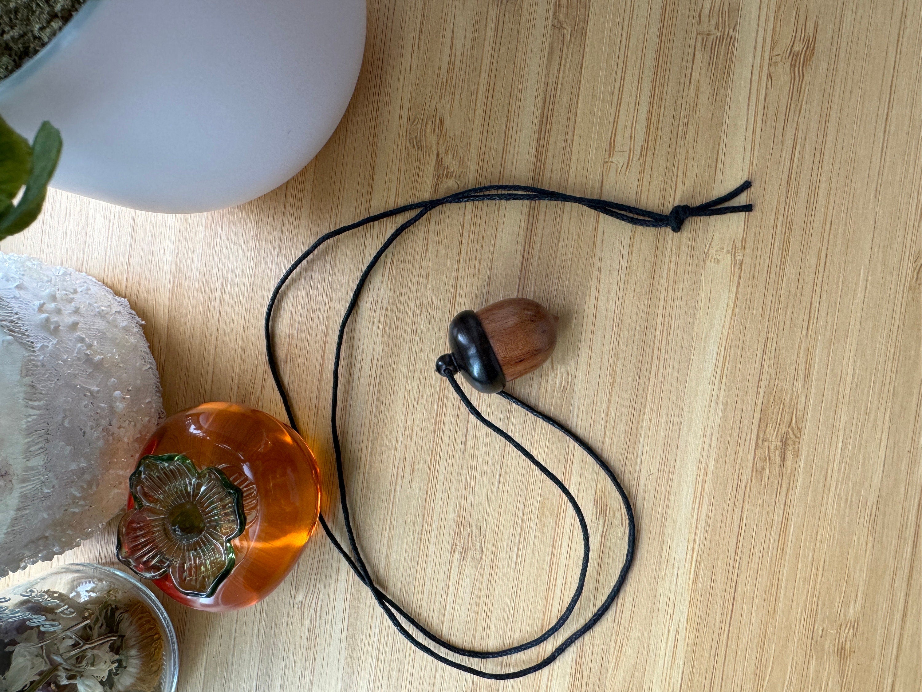 VanillaStarCafe Wooden Acorn Container Pendant Necklace 24in