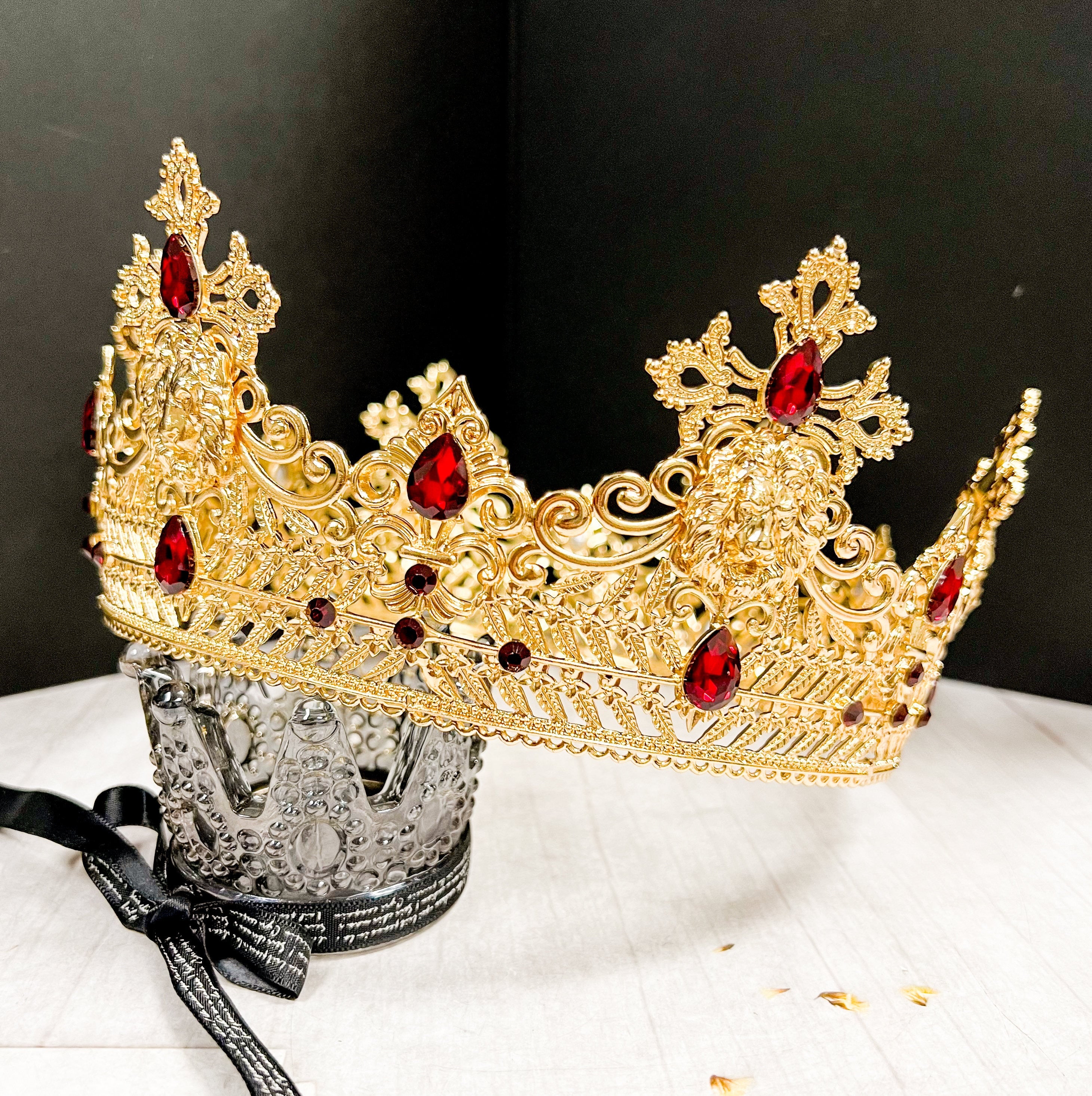 Gold King Lion Crown with Red Crystal and Rhinestones