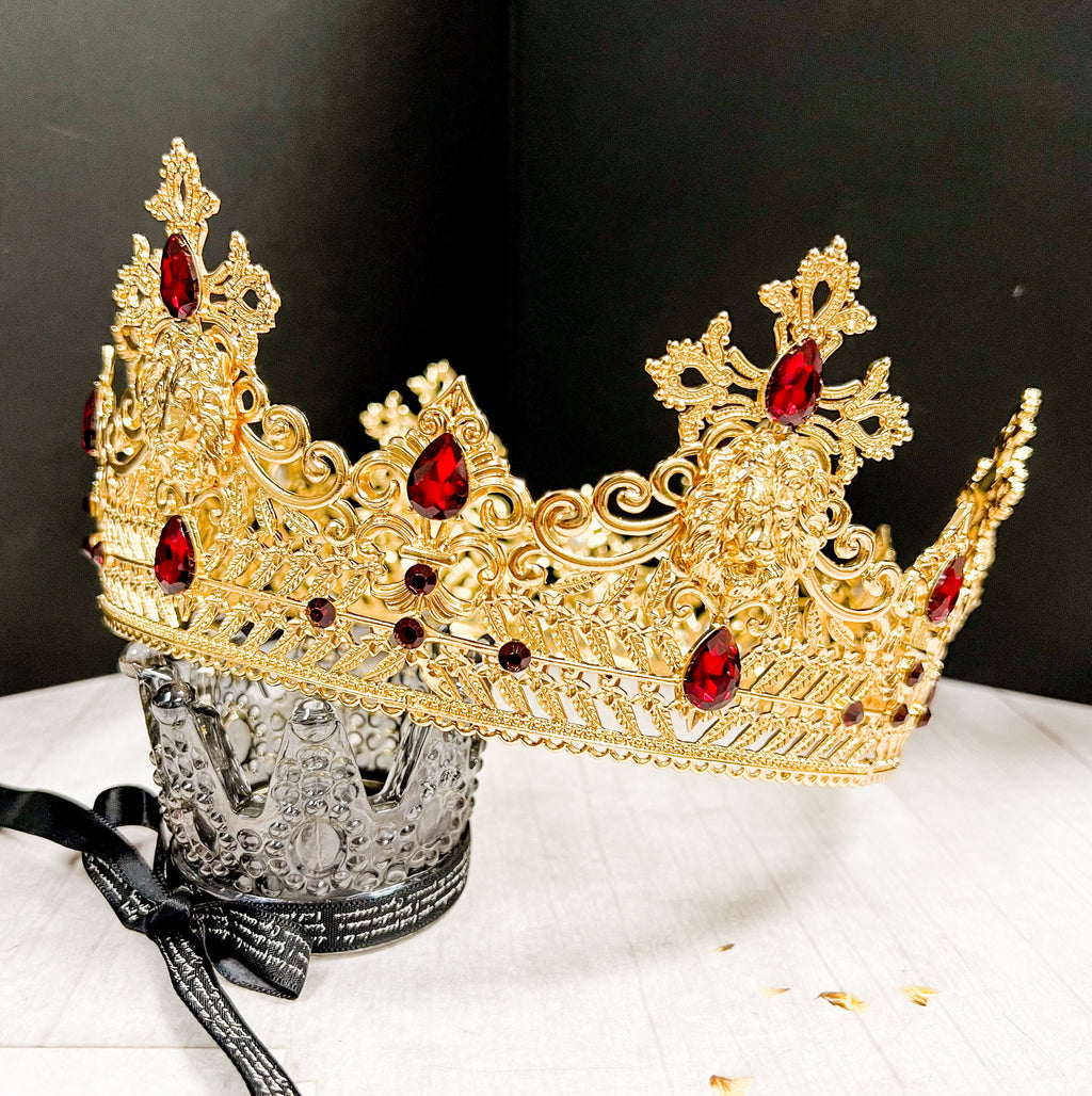 HappyJewelryWorld Gold King Lion Crown Red Crystal Prince Wedding Headpiece XL