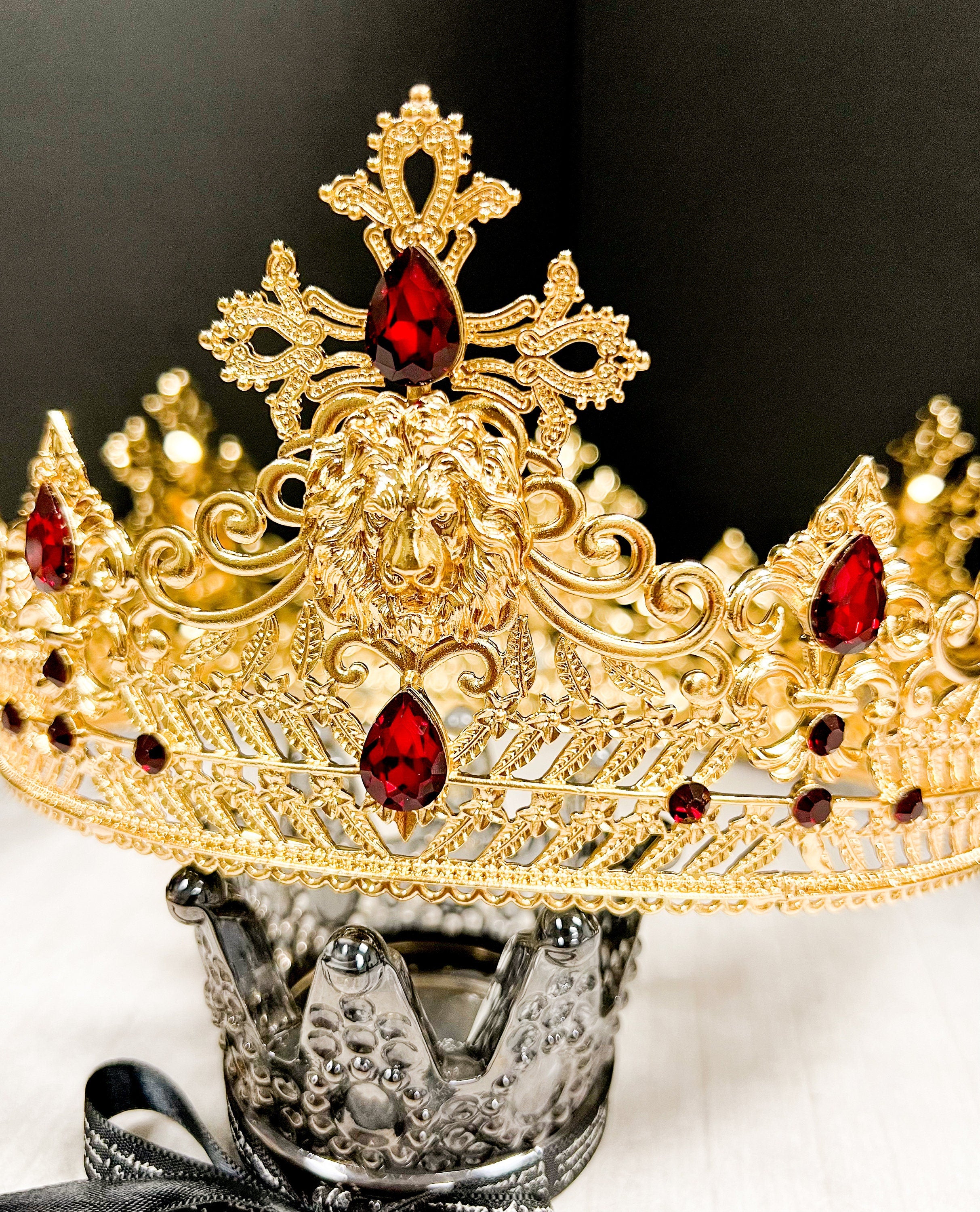 Gold King Lion Crown with Red Crystal and Rhinestones